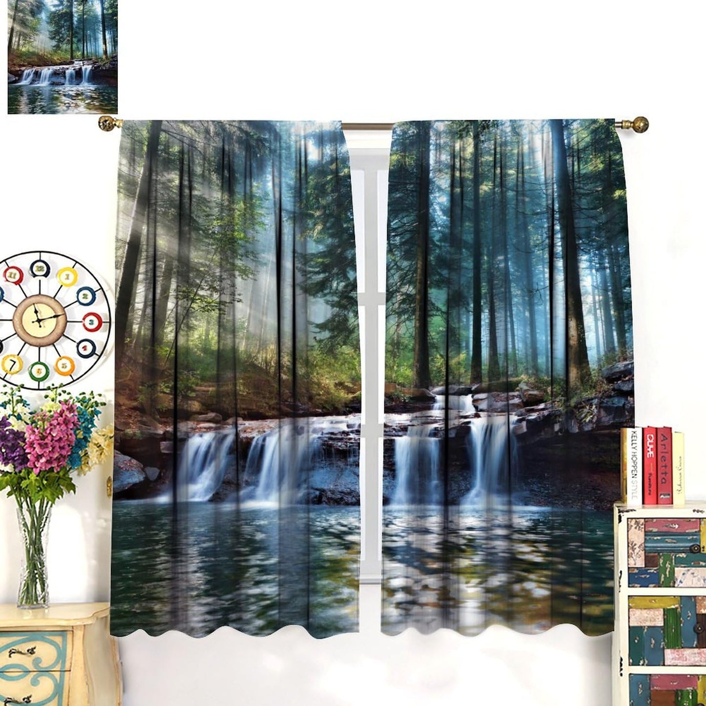YCness Forest Landscape Blackout Curtains Spring Tropical Jungle Waterfall Art Printed Window Treatment for Bedroom Living Room Kitchen Decor Fabric 2 Panel 42x45 Inch