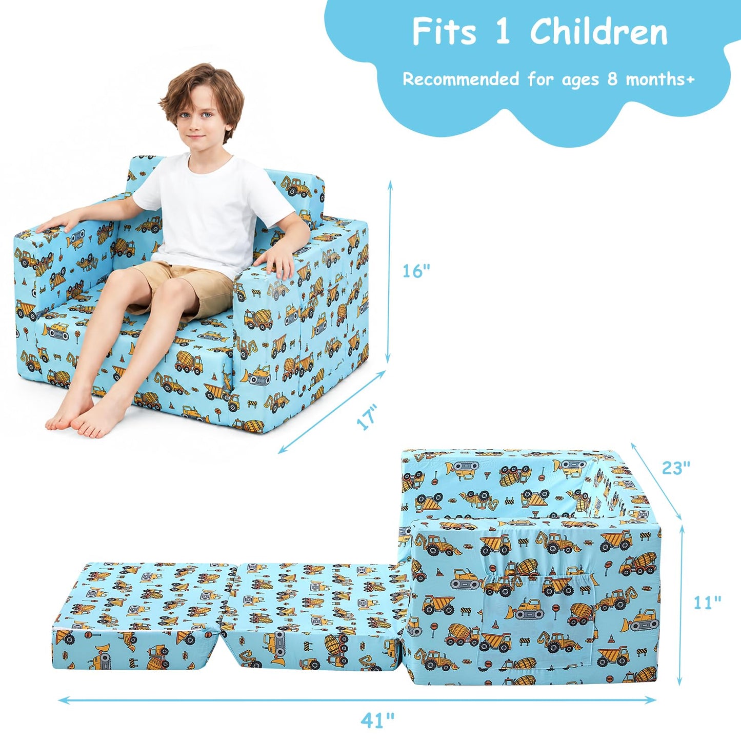 Viviland Toddler Chair, 2-in-1 Kids Couch Bed, Toddler Chairs Comfy 1-3 Years Old Fold Out Convertible Soft to Lounger, Blue Excavator Truck Baby Couch