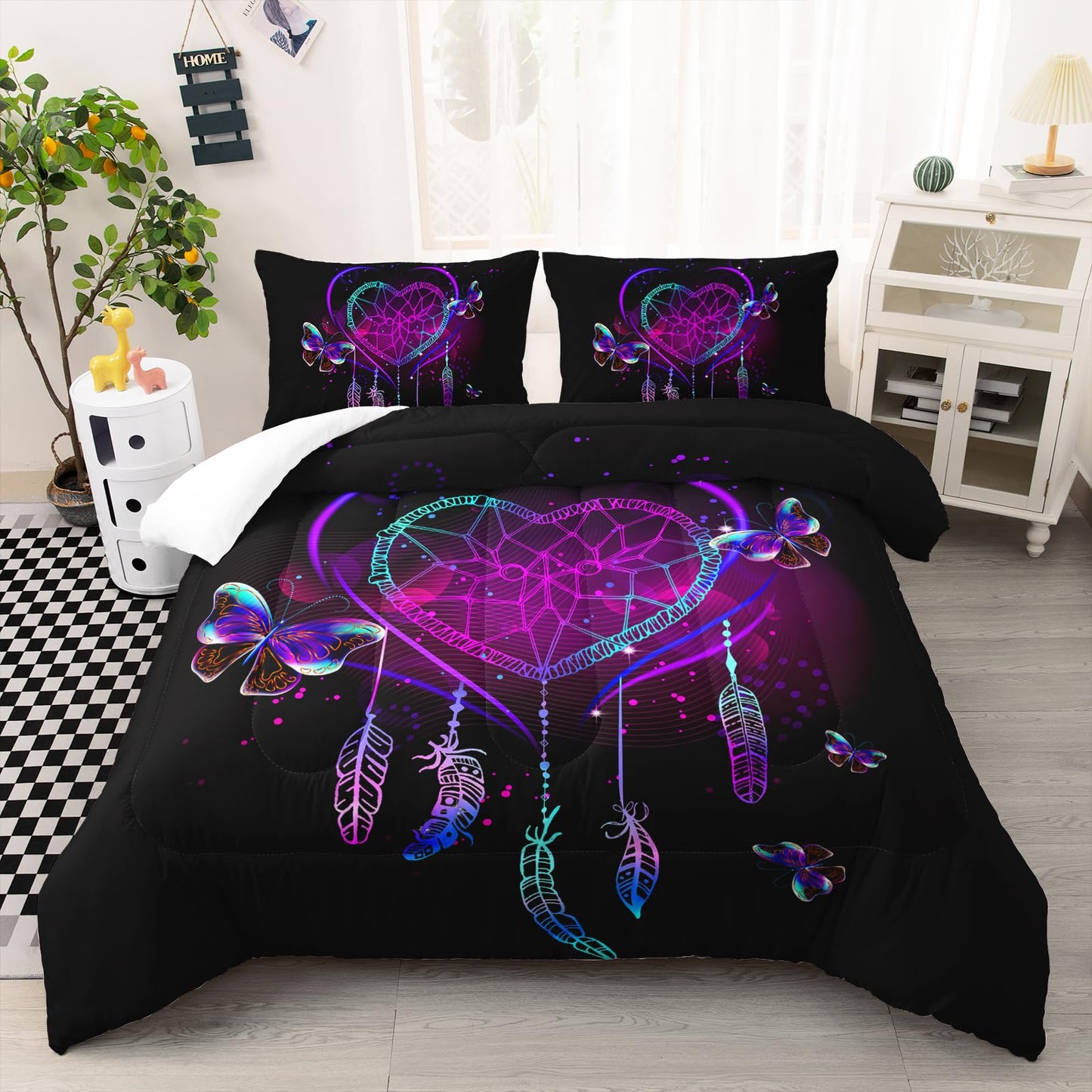AILONEN Neon Love Comforter Set Queen Size, Valentine Gift Crystal Purple Butterfly Plume Design Bedding Set,Black and Purple Bedroom Decor Print Quilt 3Pcs (1 Comforter+ 2 Pillowcases)
