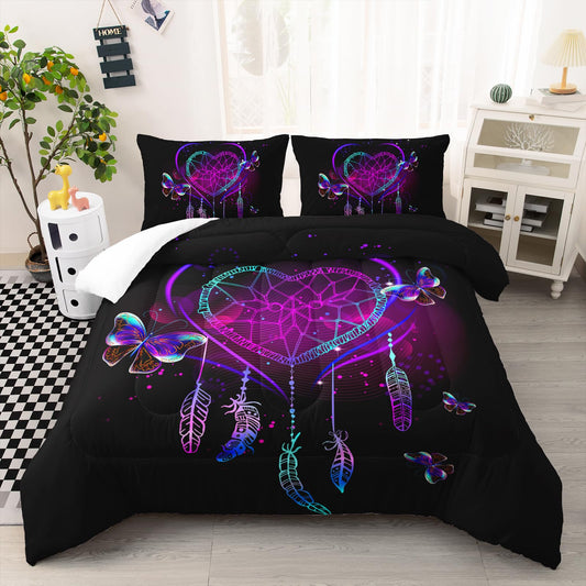 AILONEN Neon Love Comforter Set Queen Size, Valentine Gift Crystal Purple Butterfly Plume Design Bedding Set,Black and Purple Bedroom Decor Print Quilt 3Pcs (1 Comforter+ 2 Pillowcases)