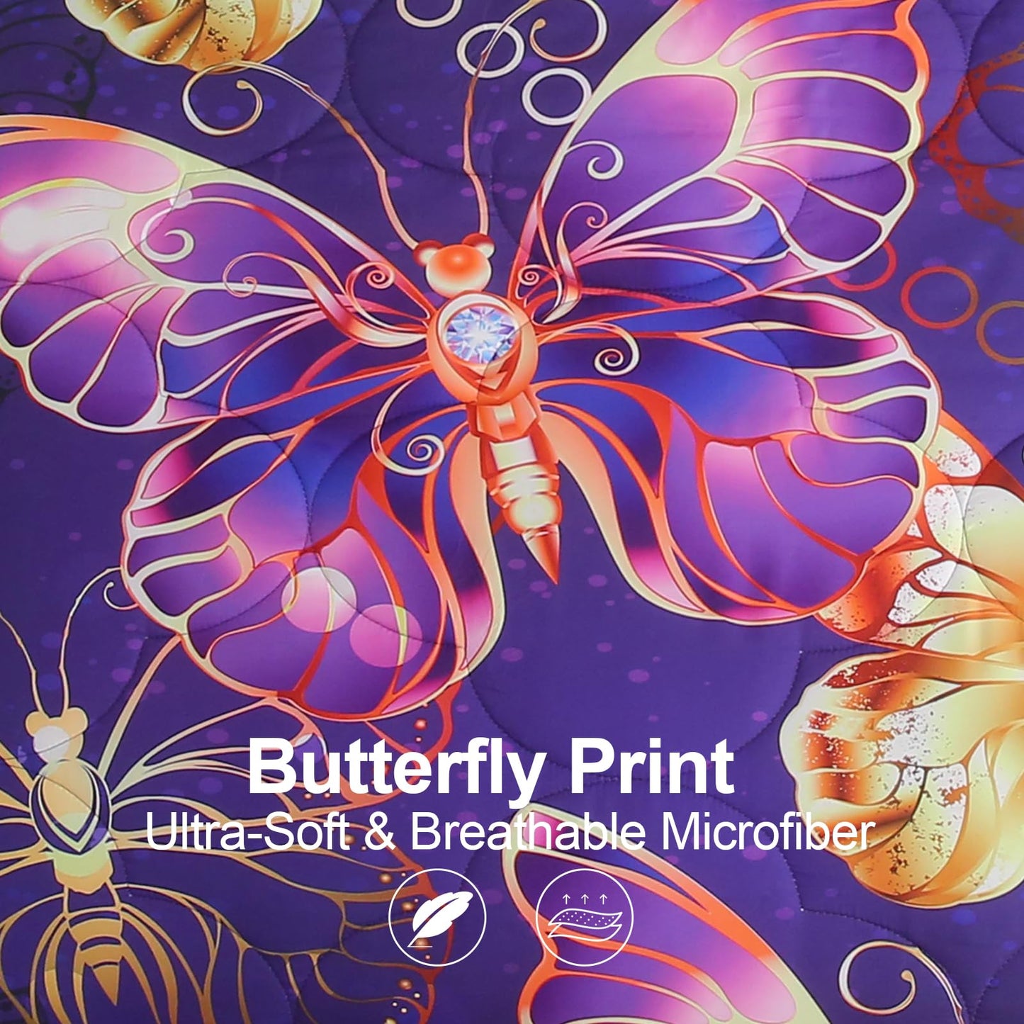 Jameswish 7 Piece Butterflies Comforter Set Full Size 3D Gold Violet Butterflies Bedding Set for Kids Girls Women for Birthday Christmas Gift
