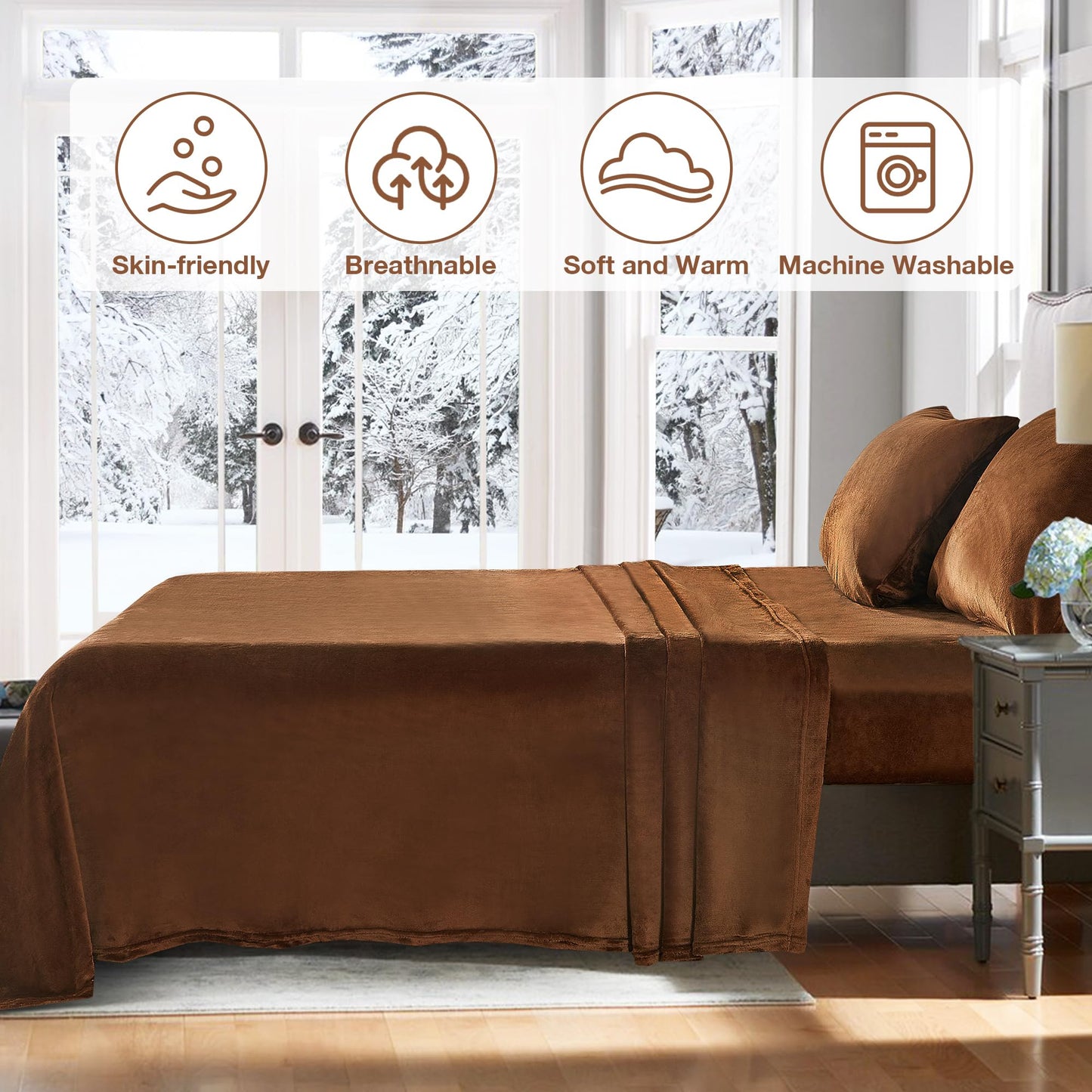 Viviland Full Plush Bed Sheets, Microfleece Fitted Sheets with 15" Deep Pocket, Flannel-Like Fuzzy Velour Velvet Winter Sheets & Pillowcase Set - Maillard Brown