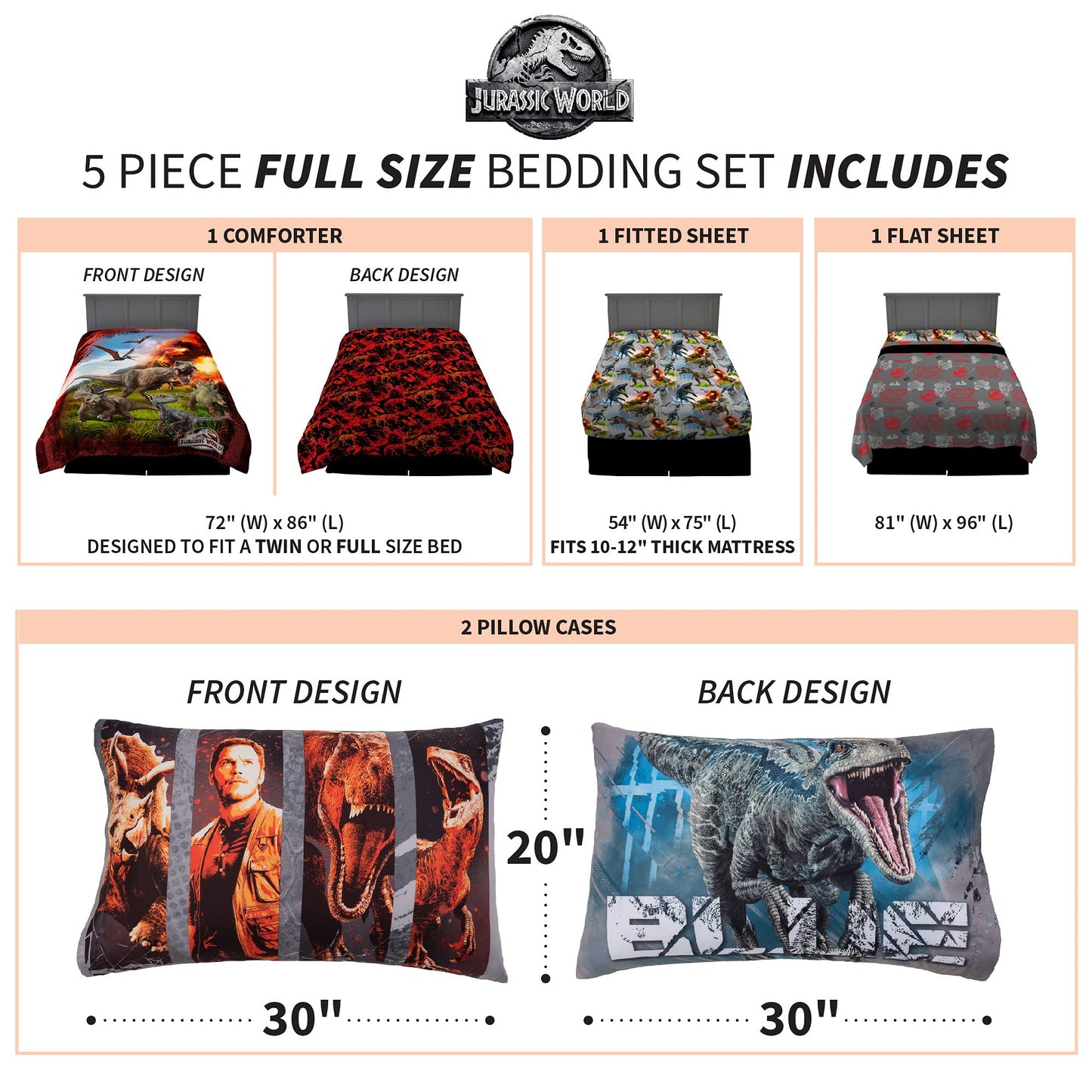Franco Kids Bedding Super Soft Microfiber Comforter and Sheet Set, 5 Piece Full Size, Jurassic World
