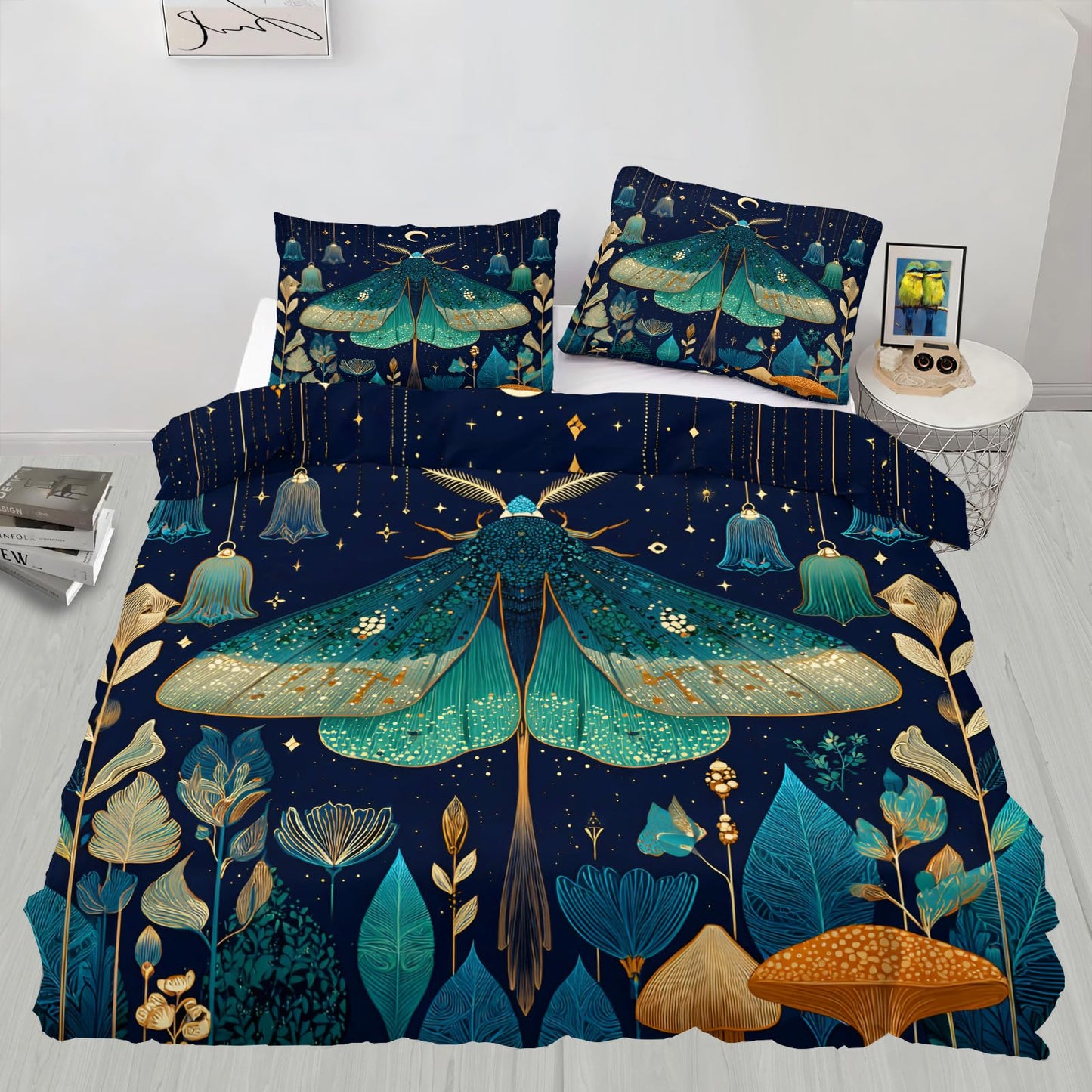ZAMODE Moth Duvet Cover Oversized King Size, Boho Moth Comforter Cover 120" x 98", Jungle Plant Flower Bedding Set with 2 Pillowcases