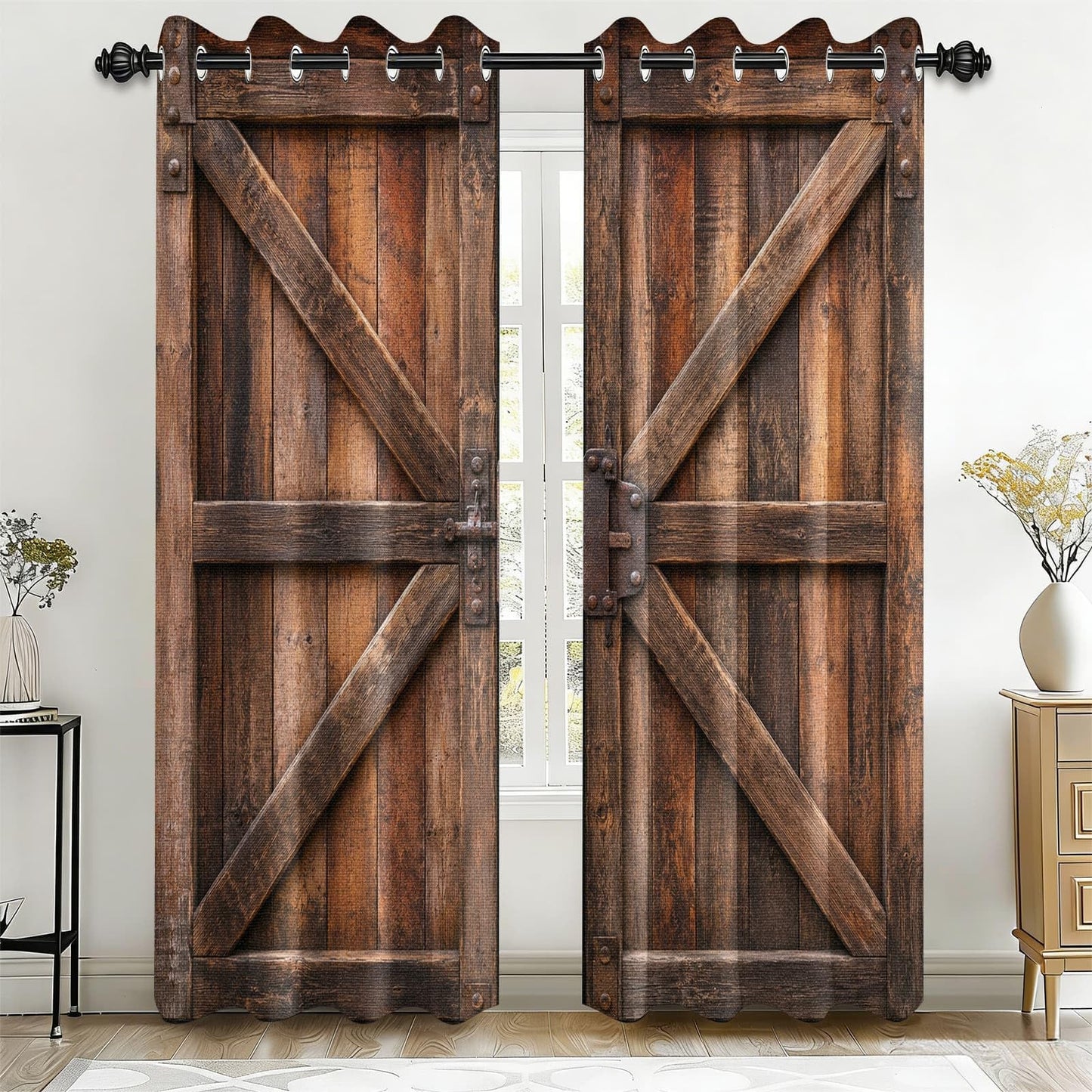 Warm Brown Rustic Barn Door Blackout Curtains, Vintage Wooden Texture Grommet Top Window Drapes, Thermal Insulated Room Darkening Curtains for Bedroom Farmhouse Cabin, 2 Panels Set, 29.5"W x 63"L