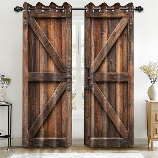 Warm Brown Rustic Barn Door Blackout Curtains, Vintage Wooden Texture Grommet Top Window Drapes, Thermal Insulated Room Darkening Curtains for Bedroom Farmhouse Cabin, 2 Panels Set, 42"W x 45"L