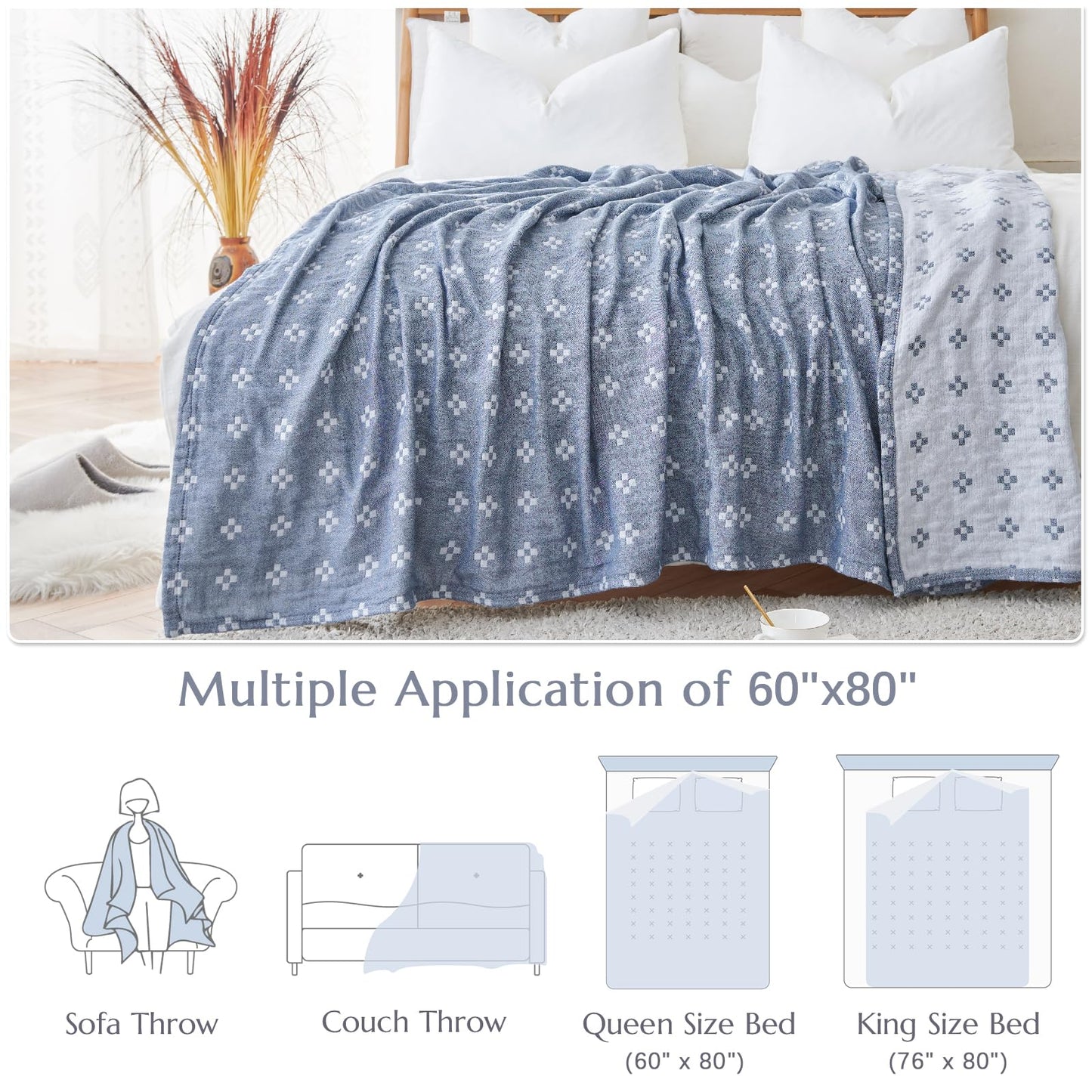 jinchan Boho 100% Cotton Blanket Muslin Twin Size 60x80 Inches Lightweight 3-Layer Geometric Cross Pattern Reversible Quilt Coverlet Throw Soft Breathable Comfy All Seasons for Couch Bed Decor, Blue