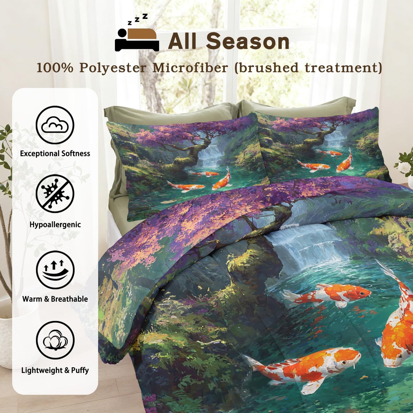 TANCAPRIUM Koi Fish Comforter Set Twin - Japanese Asian Bedding Set & 2 Pilow Cases for All Season - Soft Reversible Down Alternative 3 Piece. Fishing Bedrom Decor