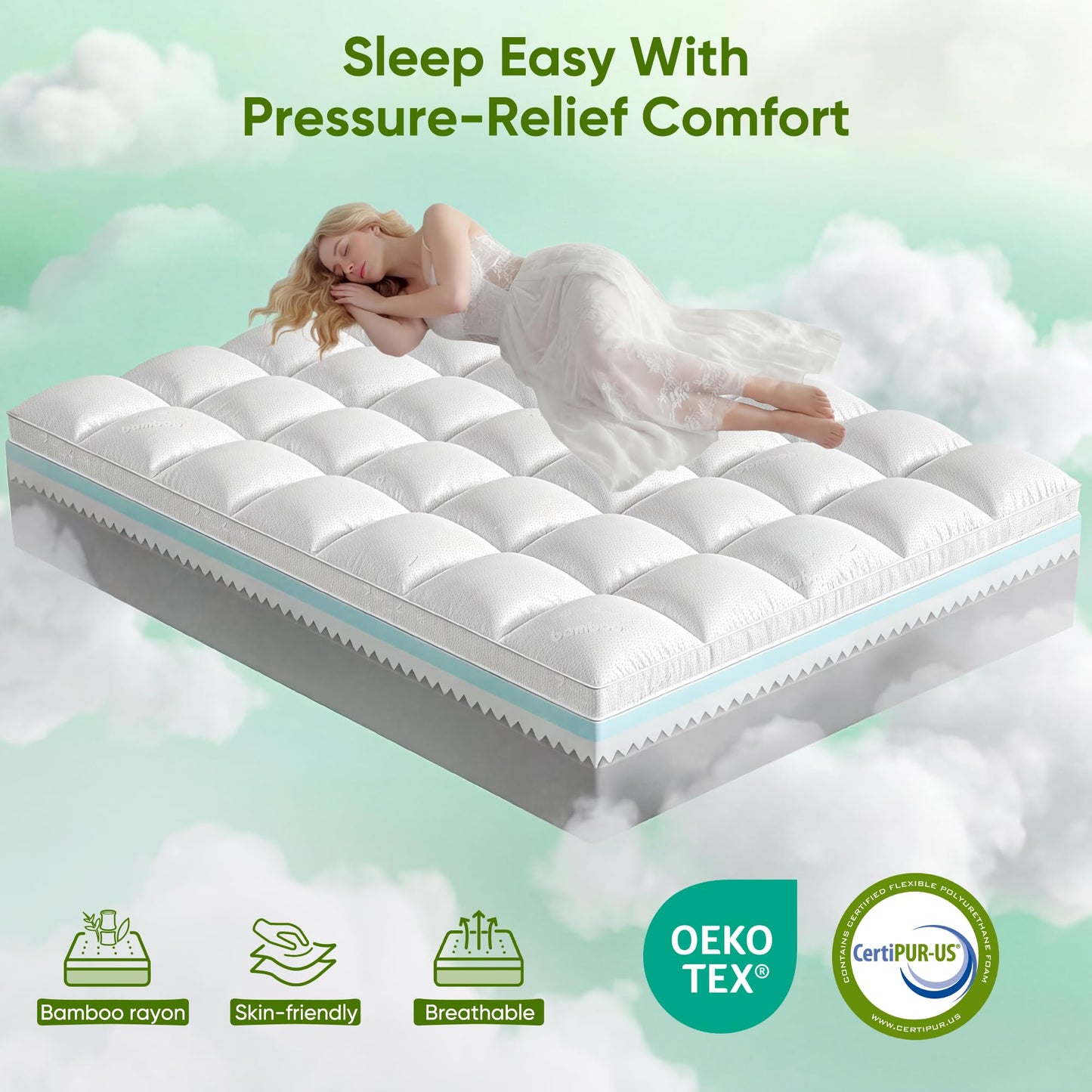 5 Inch Twin Mattress Topper,Memory Foam Mattress Toppers-2.5" Cooling Gel Foam Mattress Pad+2.5" 1500GSM Thick Bamboo Pillow Top with 2X Soft and Supportive for Back Pain Relief,75 * 39 * 5in