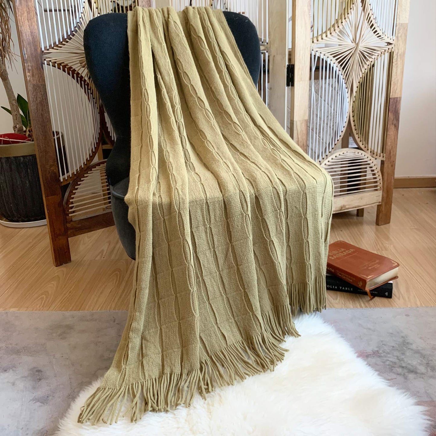 DISSA Knit Blanket Woven Blanket Throws for Sofa Throws for Couch Blanket Cover Boho Throw Blanket for Bed Cozy Super Soft Solid Plush Decorative Throw Blanket with Tassels (Khaki, 50"x60")