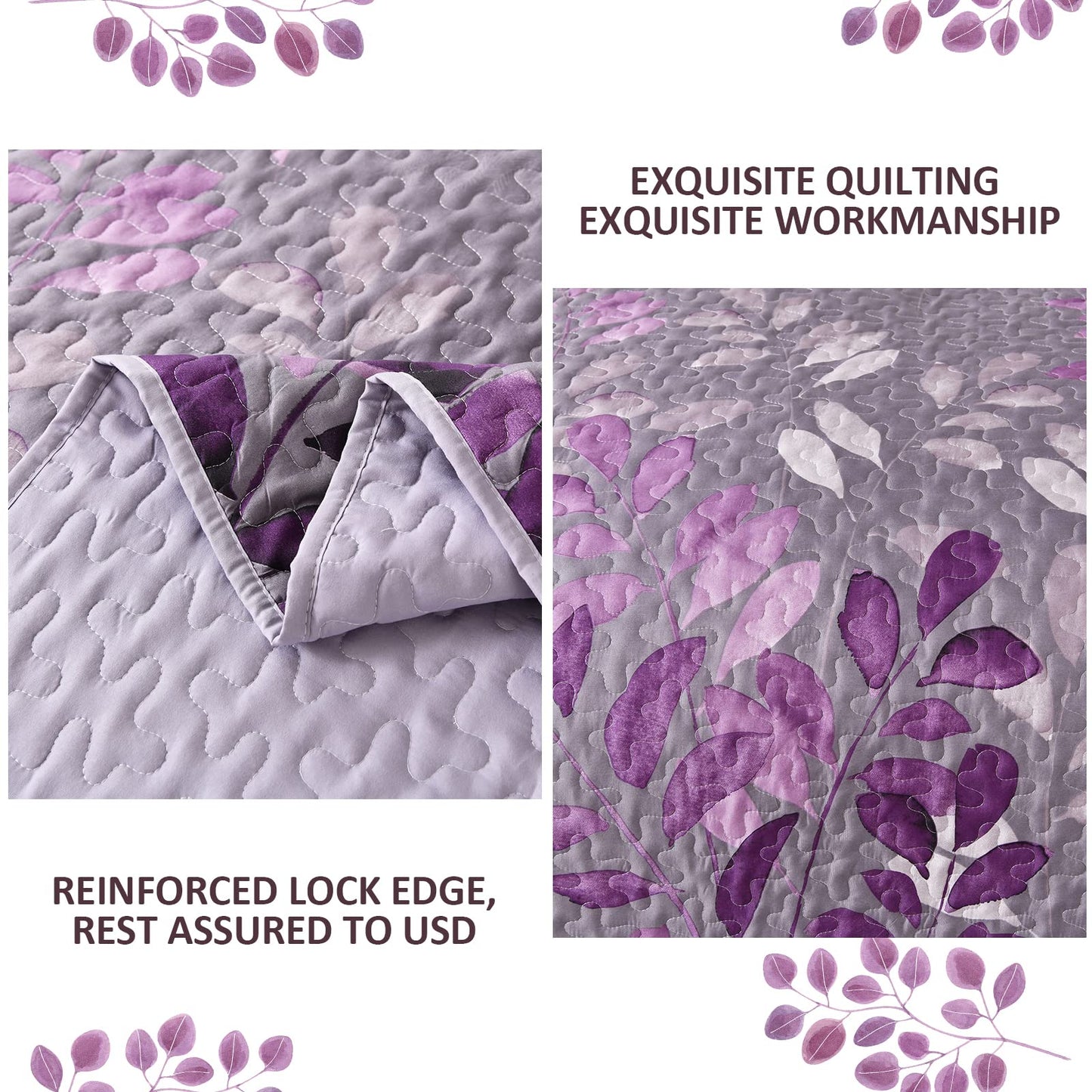 WONGS BEDDING Purple Floral Quilt Set Queen Size, 3 Pieces Botancal Leaves Bedspread Coverlet Set with 2 Pillowcases for All Season, Soft Microfiber Floral Bedding Set 96"×90"