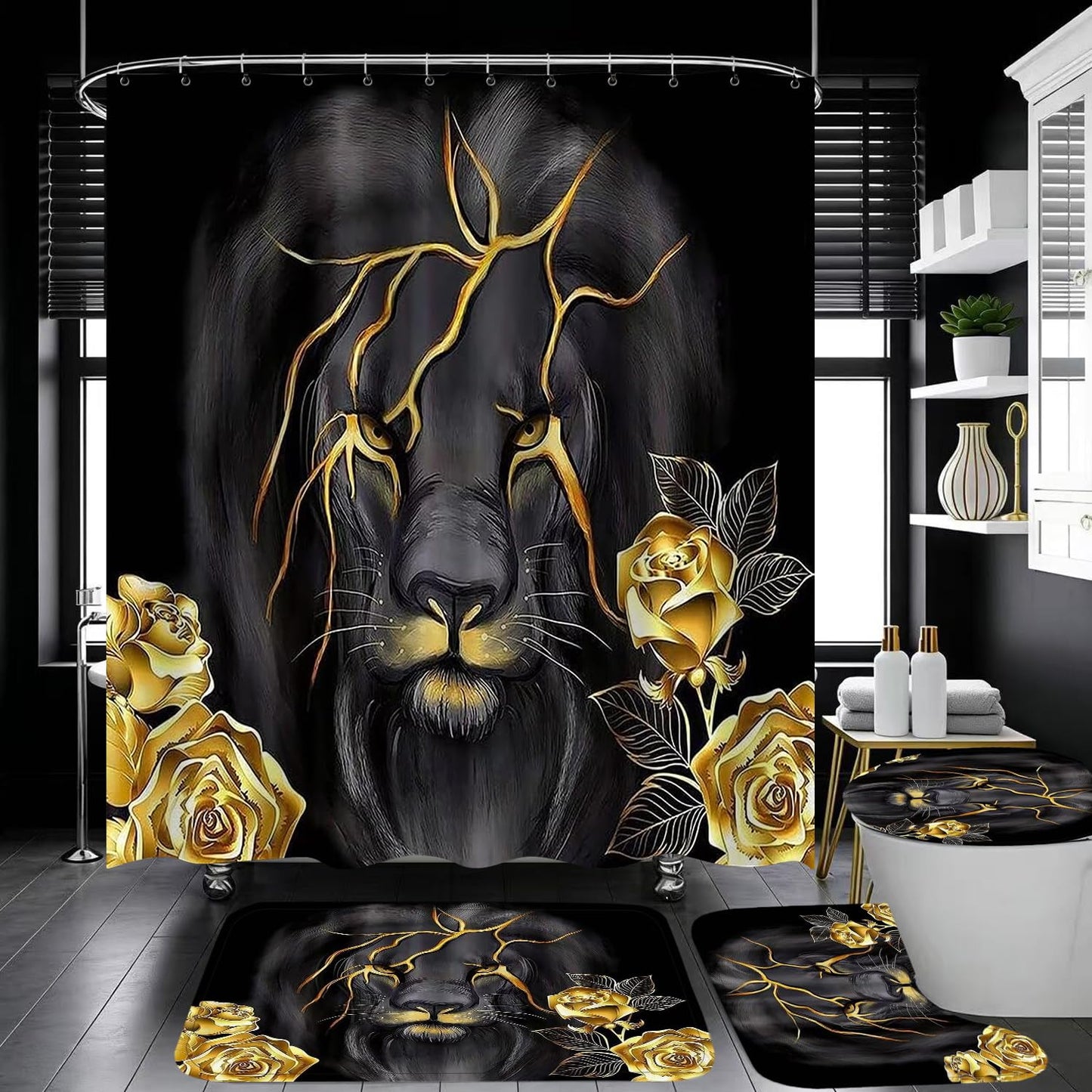 4 Piece Black and Gold Shower Curtain Set with Rugs, Majestic Lion & Golden Rose Art, Luxury Aesthetic Waterproof Fabric Bathroom Decor, Non-Slip Mats & Toilet Lid Cover