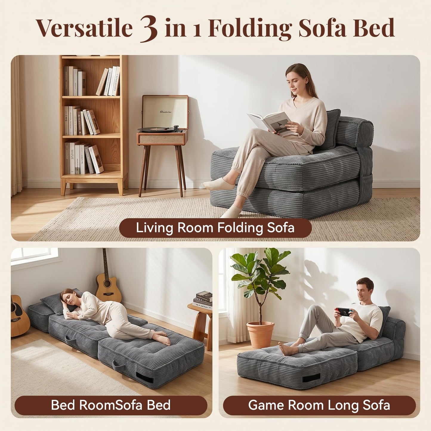 ORWIPO Folding Sofa Bed, Convertible Sleeper Chair with Pillow Foldable Mattress with Back Support, Portable Fold Out Chair Bed Comfy Floor Couch Lounge for Living Room Bedroom Apartment Single