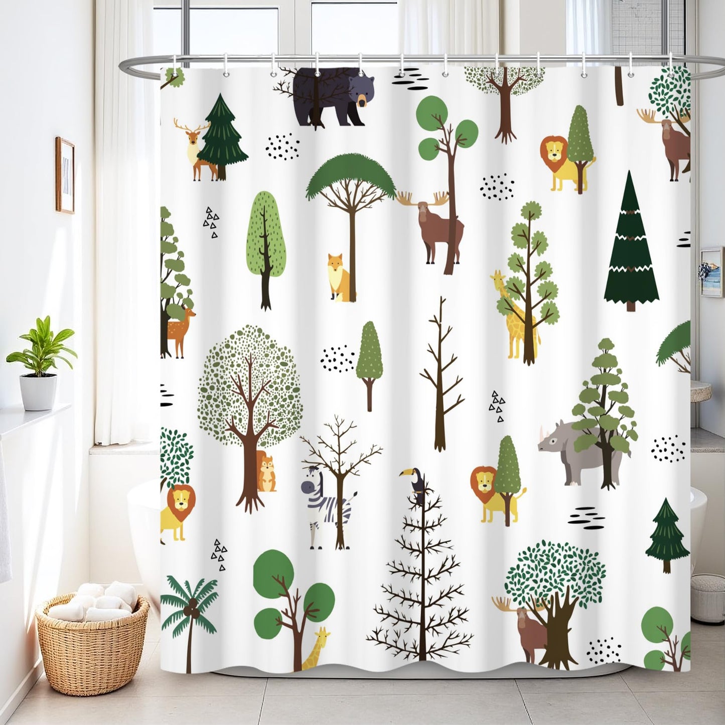 Renaiss 72 x 72 Inch Rustic Forest Kids Shower Curtain Set for Bathroom Country Lion Giraffe Zebra Bear Woodland Wild Animals Farmhouse Bathroom Shower Curtain Nature Tree Bathtub Decor Set with Hooks
