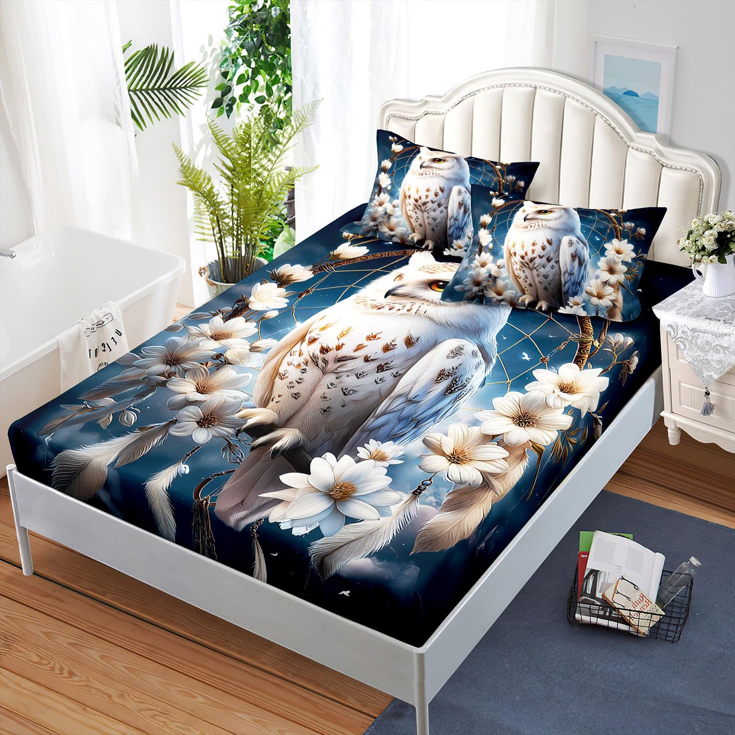 AILONEN White Owl Dreamcatcher Bed Sheets Set, Queen Size,Boho Floral Feathers Bedding Sets for Kids Teens Adults,Bohemian Style Animal Fitted Sheet Set with 2 Pillowcase