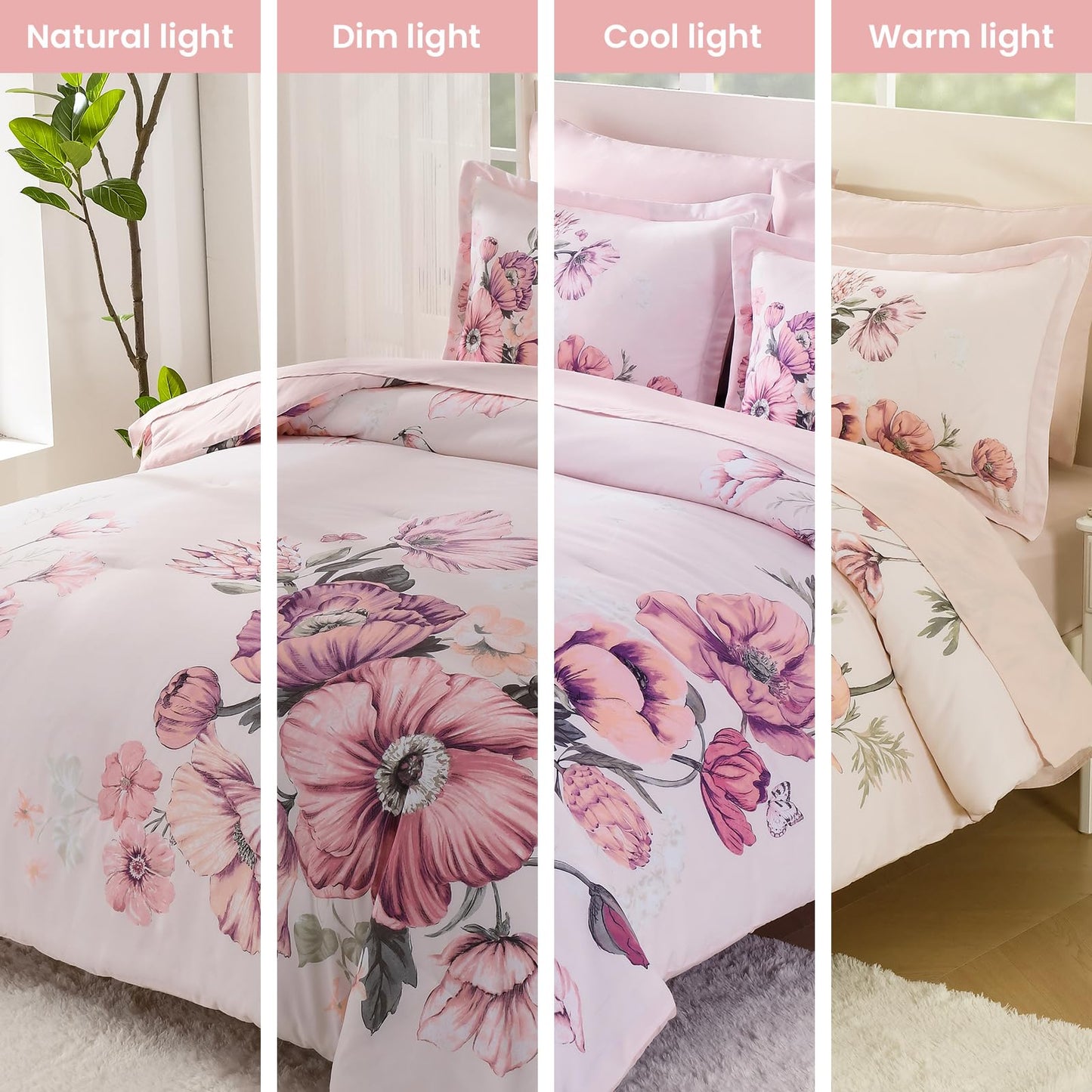 LLDSYW Queen Comforter Set - 7 Pieces Bed in a Bag Pink Floral Queen Comforter Set with Sheets, Soft Microfiber Flower Complete Bedding Set for All Seasons（Pink,90"x90"）