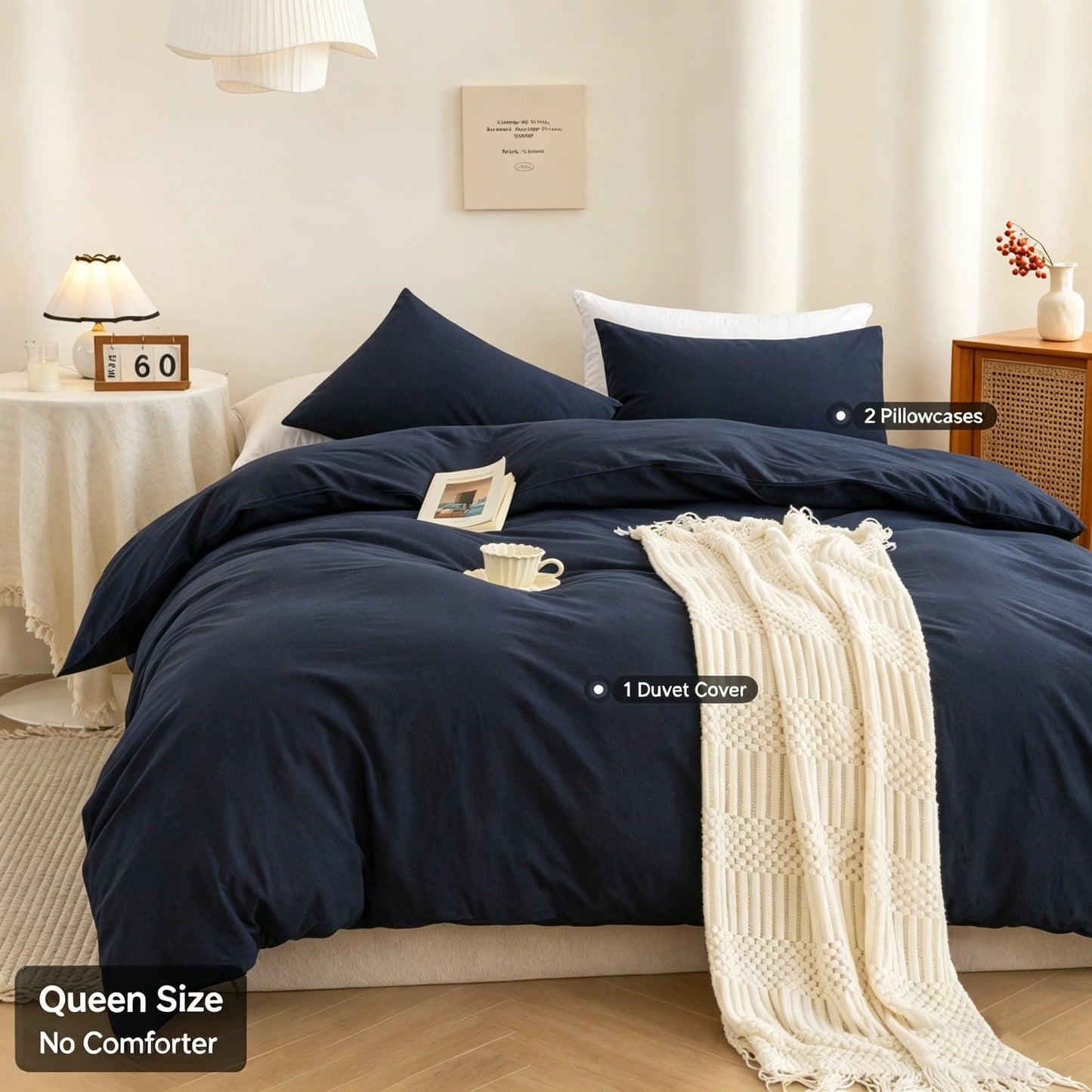 ECOCOTT Navy Blue Duvet Cover Queen Size, 100% Washed Cotton 3 Piece Bedding Set 1 Duvet Cover with Zipper and 2 Pillowcases, Ultra Soft and Easy Care Breathable Duvet Cover(Navy Blue, Queen)