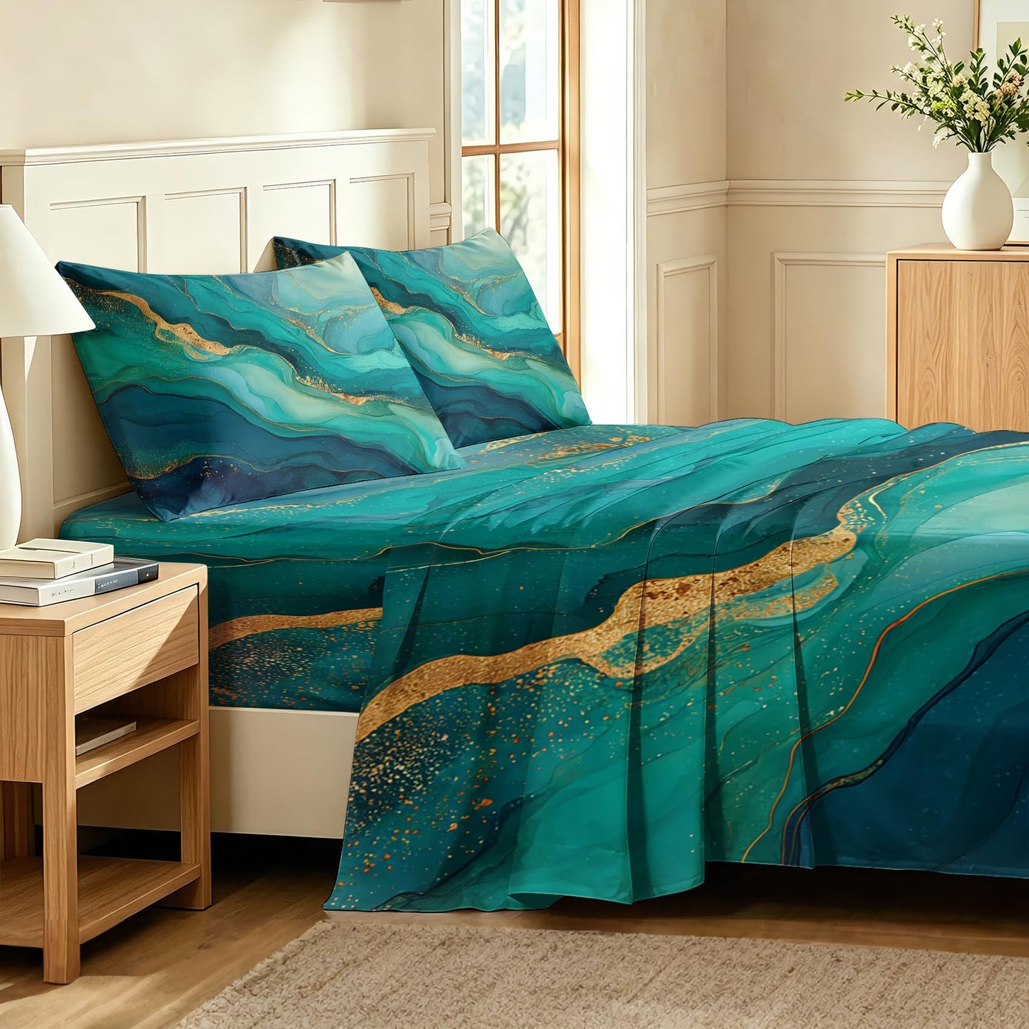 Green Marble Full Bedding Set Modern Abstract Sheet Sets, Gold Green