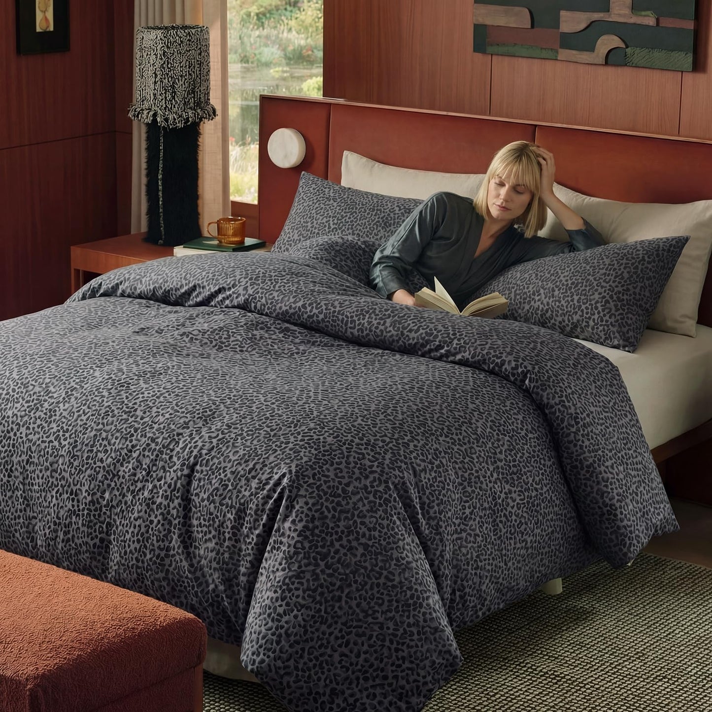 Cozaline 100% Cotton Duvet Cover Queen Size, Black Leopard Print Bedding Set with Zipper Closure, African Wildlife Animal Skin Cheetah Print Comforter Cover with 2 Pillowcases for All Seasons