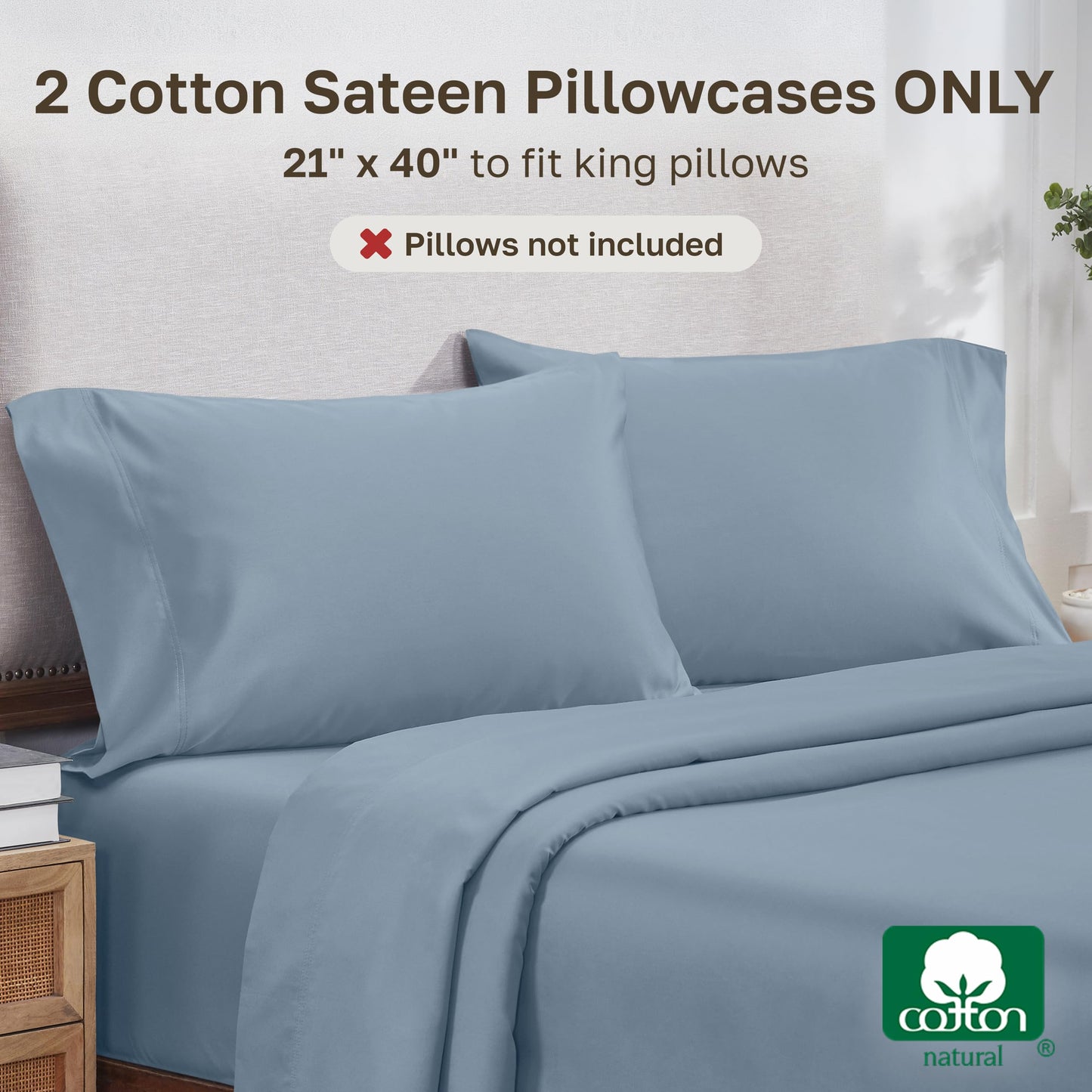 Heirloom Soft, Smooth & Thick Certified 800 Thread Count 100% Cotton Sateen, 2 Pillow Cases King Size, Fits King Pillows (Dusty Blue)