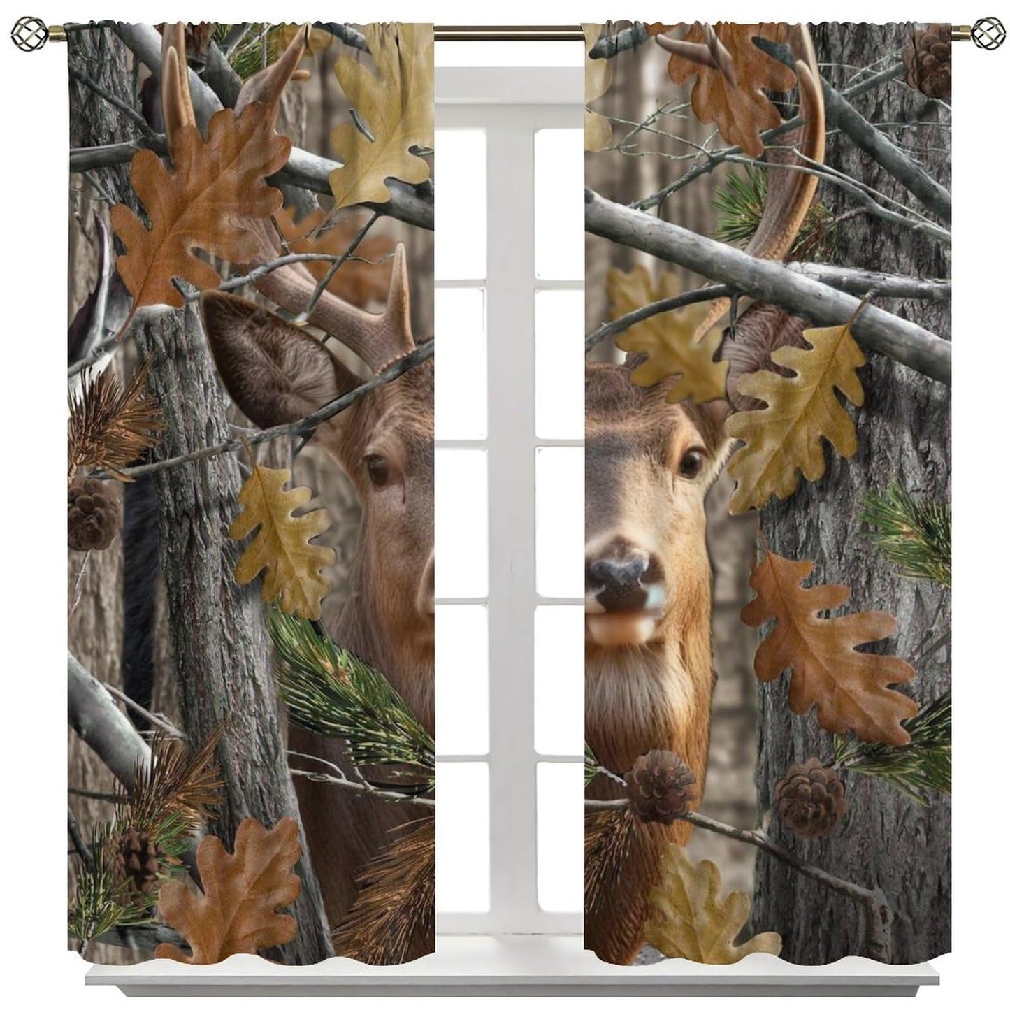 Yearn Jear Forest Camouflage Deer Curtains, Forest Camo Oak Branches Leaves Mossy Hunting Lodge Camp Cabin Theme Windows Door Curtain for Bedroom Living Room Home Decor 42x45in Decor