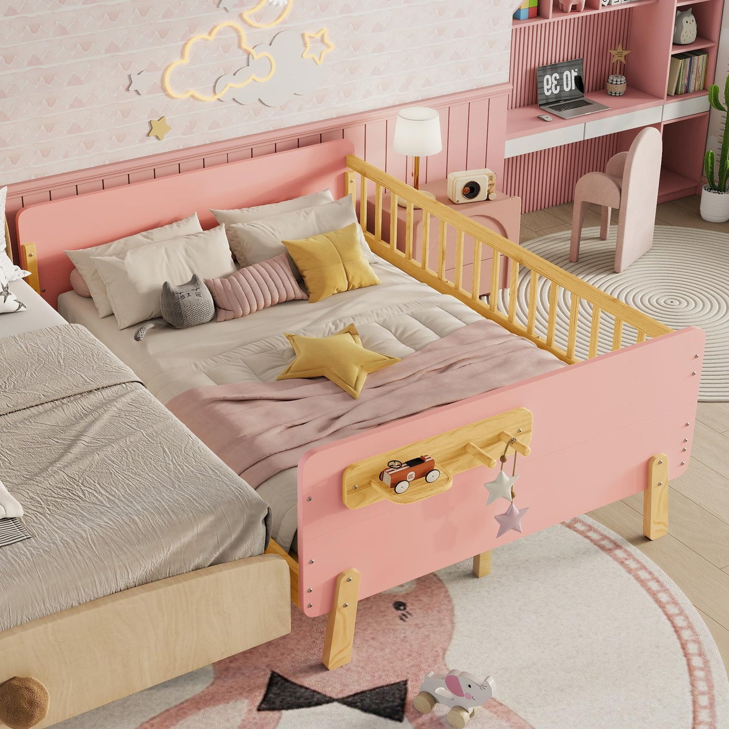 Aurnienofus Full Size Bed Frame with Removable Rails, Montessori Wood Beds with Headboard, Storage Shelf & 2 Hanging Rod, Full Bed Frames Low to Ground for Children Boys Girls, Pink
