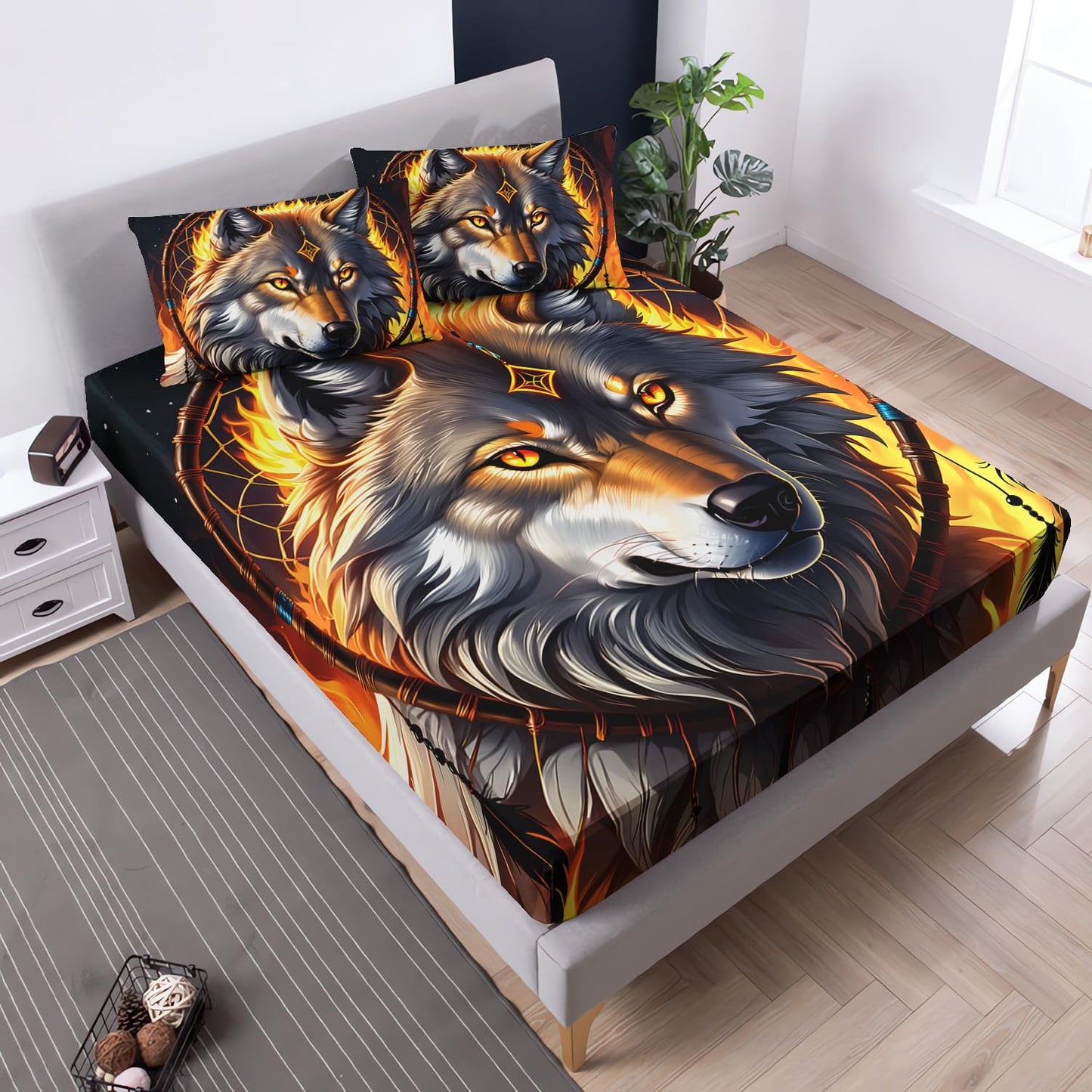 UEVBF Wolf Fitted Sheet Set Twin Size,Dreamcatcher Flame Printed Bedding Set for Kids Boys Room Decor,Boho Animal Themed Bedding Fitted Sheet Sets,1 Fitted Sheet+2 Pillowcases.