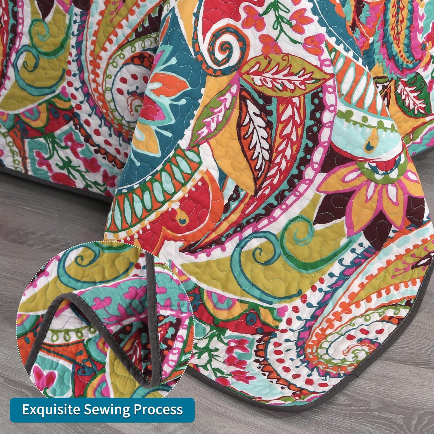 Qucover Cotton Quilt Set, Queen Size, Multicolor Paisley, Boho Style, Soft Lightweight Coverlet with 2 Pillow Shams, 90x98 Inches