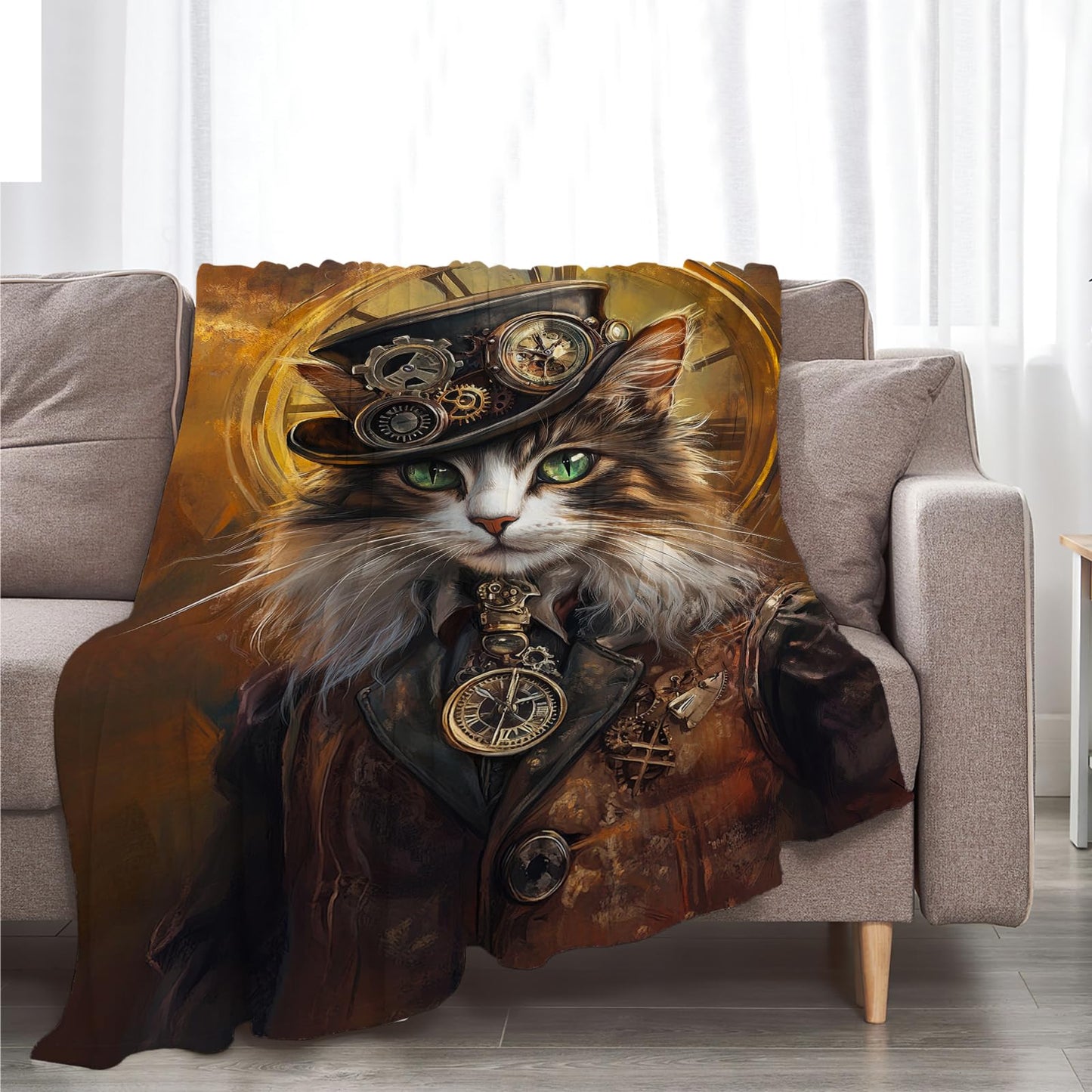 Cat Blanket, Steampunk Throw Blanket, Cats Gifts, Steampunk Blankets, Cats Stuff Fleece Flannel Plush for Women Men Boys Girls Lovers Adults Soft Bedding for Sofa Bed Office Home Decor 40"X50"