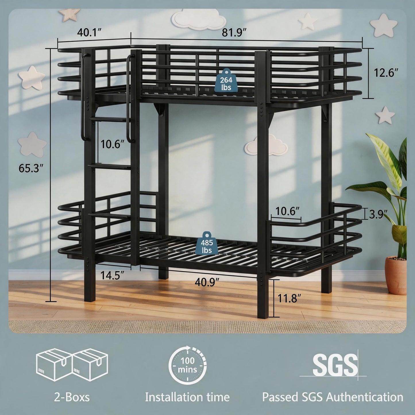 Einhomn Curved Metal Bunk Bed Twin Over Twin, Heavy Duty Bunkbeds with Safety Guardrails, Ladder with Built-in Handrails & Wide Steps, Space-Saving Design for Kids, Teens & Adults