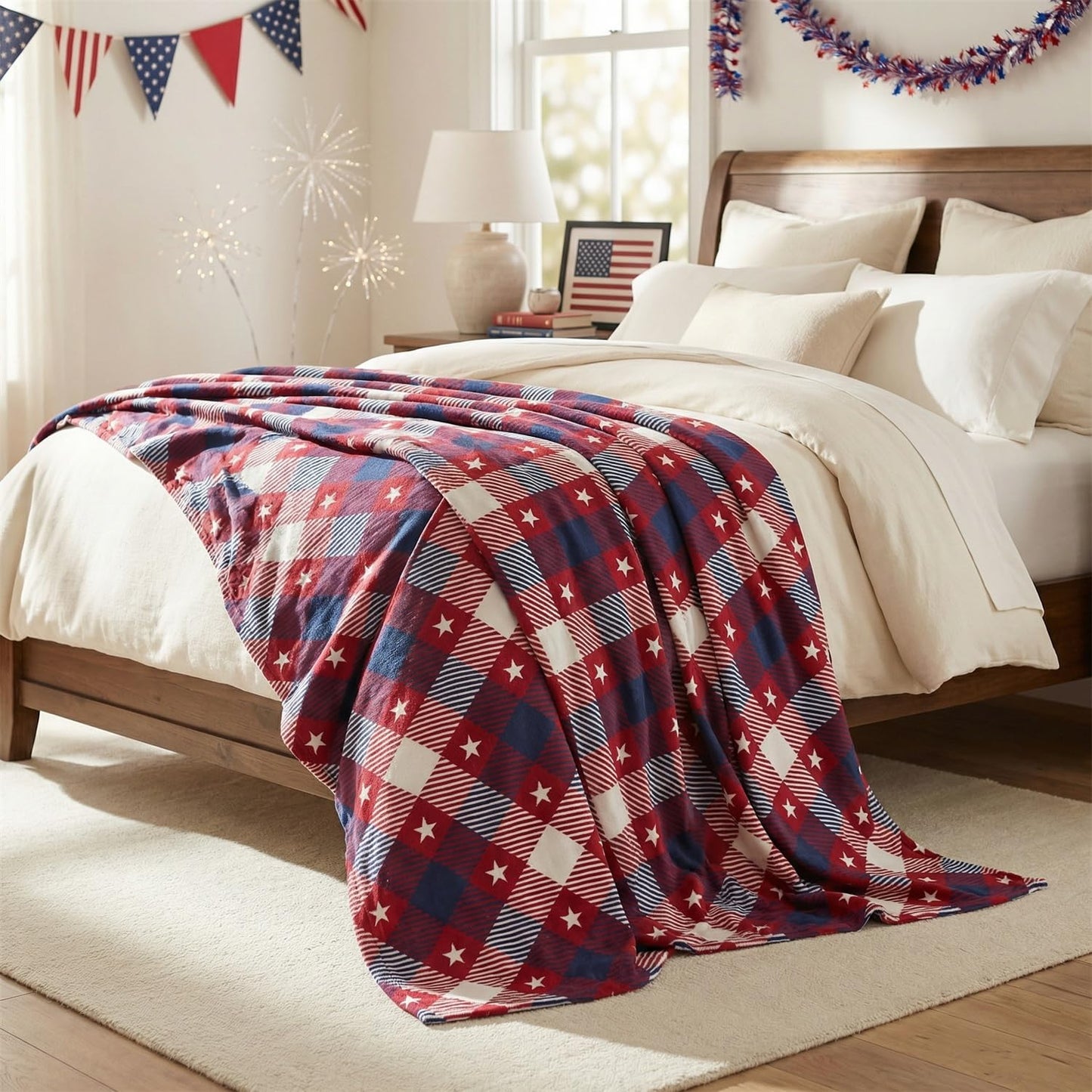 Horaldaily 4th of July Flannel Blanket Throw, Red Buffalo Plaid Stars Independence Day Memorial Day Soft Fuzzy Plush Cozy Fleece Blankets for Couch Sofa Bed Decor, Ideal Gifts for Kids Adults 50x60