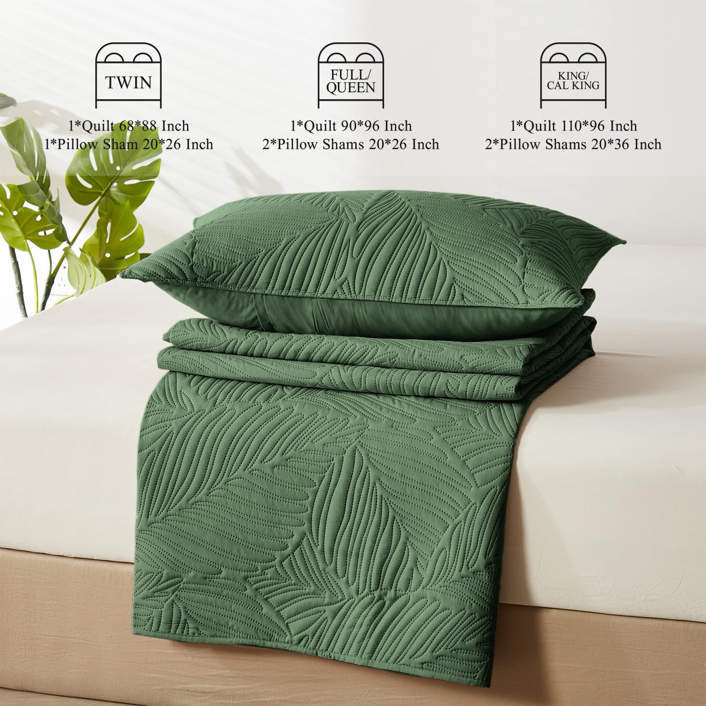 OARAGE Queen Quilt Bedding Set Soft Lightweight Olive Green Bedspread with Leaf Pattern,Ultrasonic Microfiber Bed Coverlet Full Size for All Season (1 Quilt, 2 Shams)