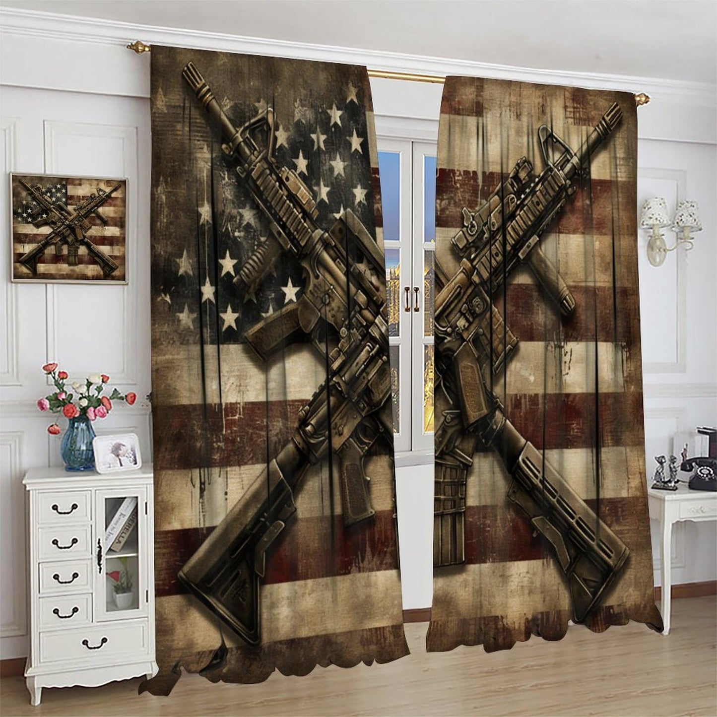 TOWINSFB Gun USA Flag Blackout Curtains for Bedroom Living Room, American Flag Patriotic Military Thermal Insulated Room Darkening Curtain- 2 Panels 45" L x 42" W