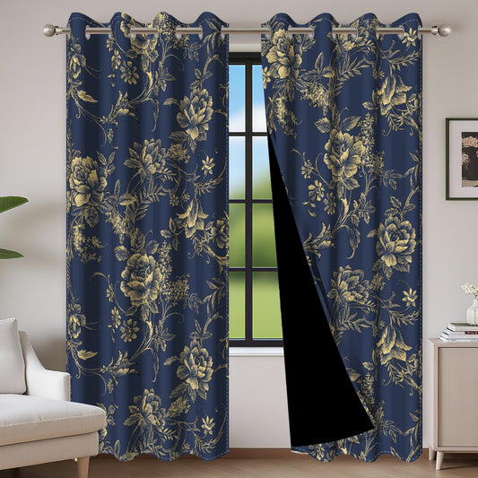 Baocicco Blackout Floral Curtains for Bedroom, 45 inch Long Printed Flower Black Out Curtains, French Country Window Treatment Farmhouse Drapes Set 2 Panels Blue 21Wx45L
