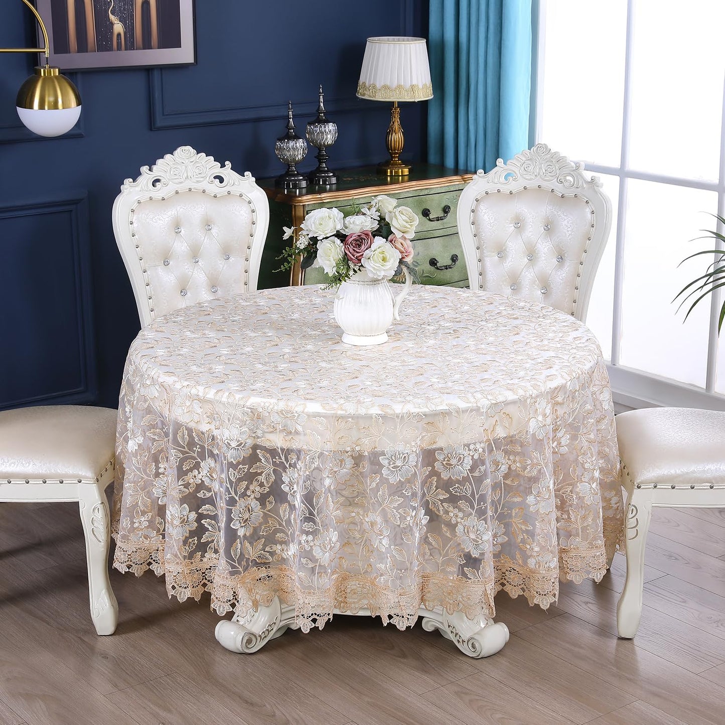 ZHUIDUSI 90 Round Tablecloth Lace Table Cloth Circle Macrame Vintage Shabby Chic Embroidered Gold Brown Table Cover for Kitchen Dining-Room Summer Holiday Outdoor Picnic, R10971