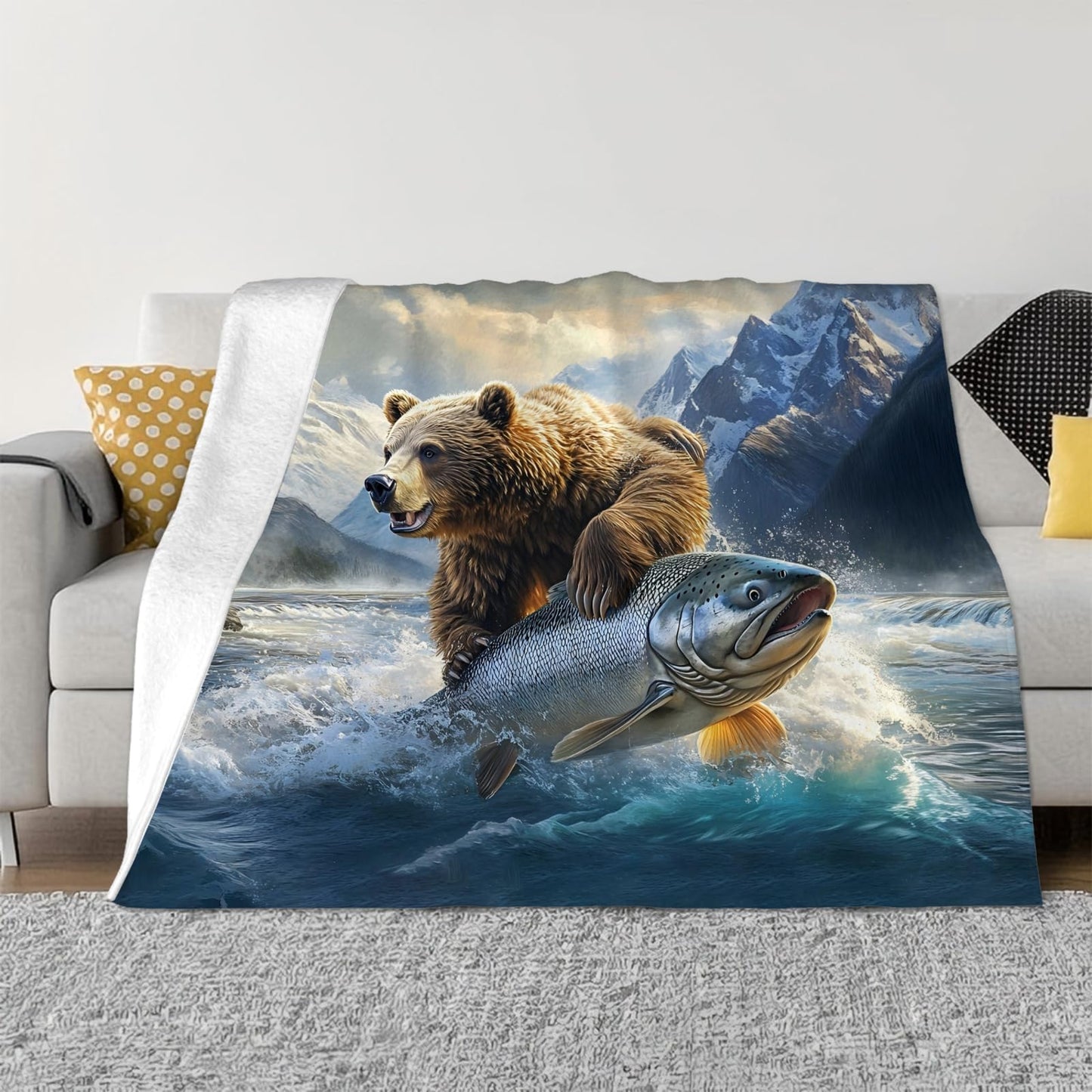 Tijuboni Bear Fish Throw Blanket Cabin Bear Gifts for Women Men Girls Boys Kids Adults Soft Flannel Fleece Blanket for Couch Sofa Bed Home Decor 40"x50"