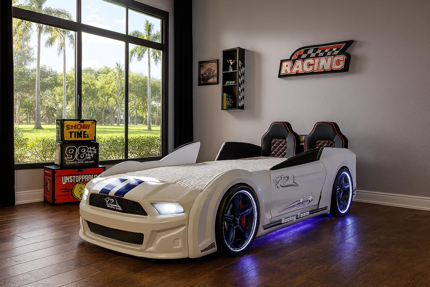 Luxury Race Car Bed for Kids – LED Lights, Sports Car Design, Sound Effects, Twin, Ergonomic & Comfortable Sleeping Experience (White)