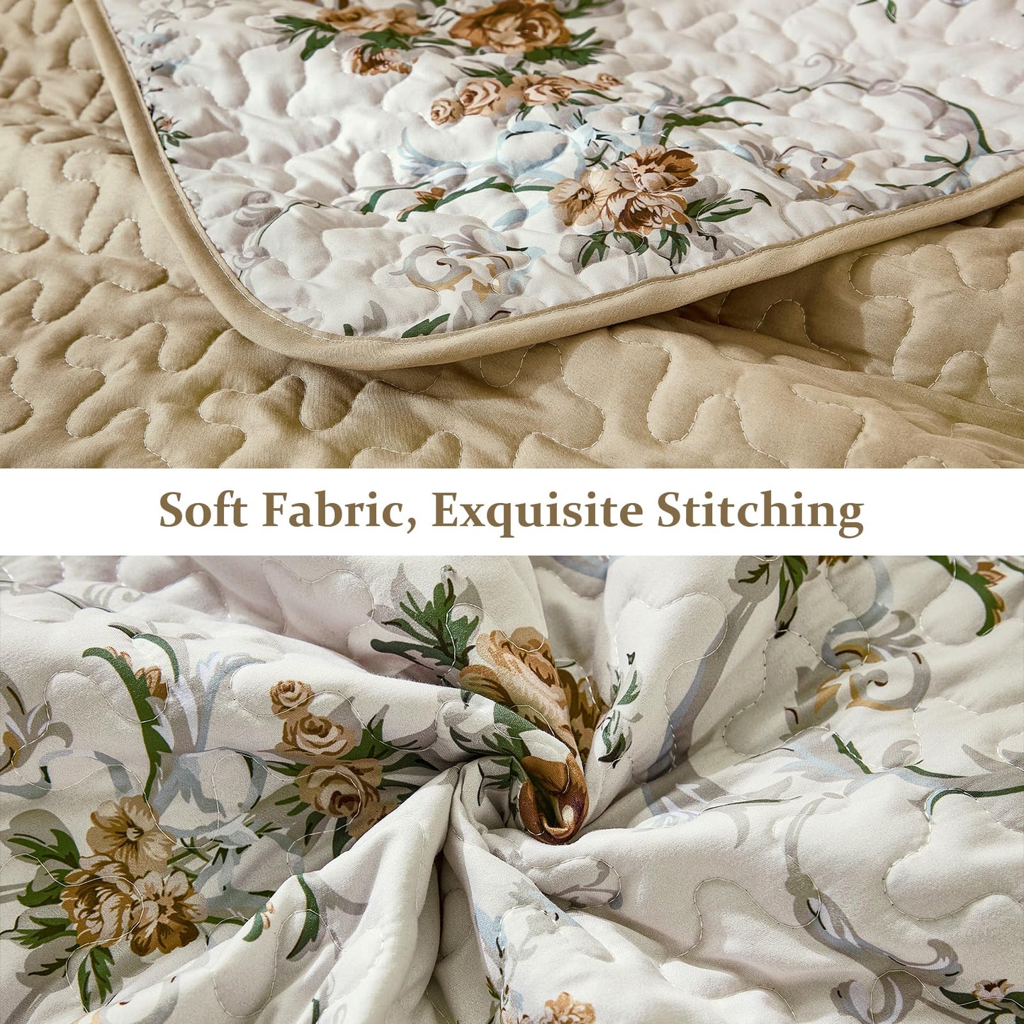 Anibedding Floral Quilt Set King Size, Retro Brown Flower Pattern Quilts Bedspread,Soft Microfiber Lightweight Bed Cover for All Season(King, 104"x90")