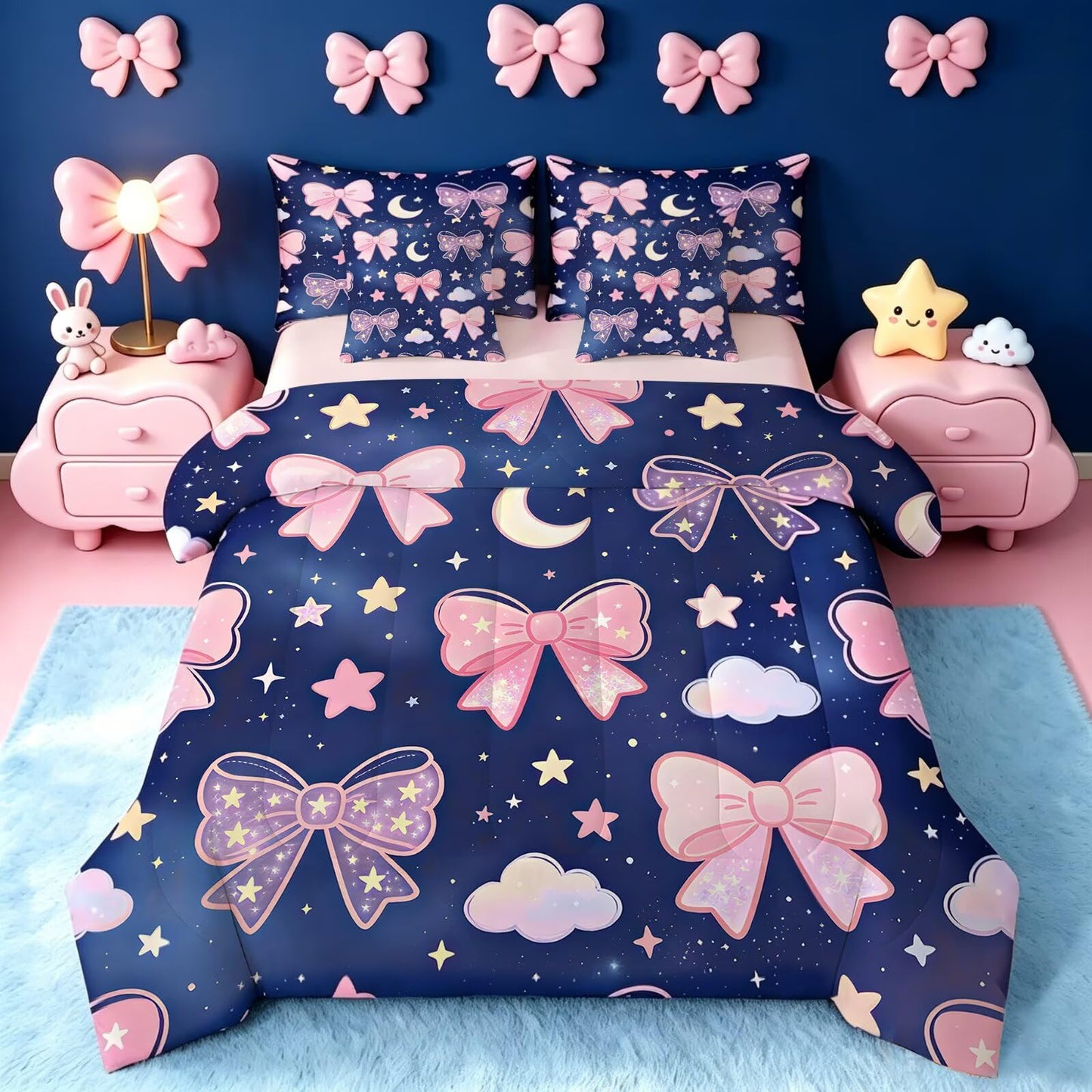 FUYEUN Pink Bow Dark Blue Night Sky 7 Piece Twin Comforter Set for Girls