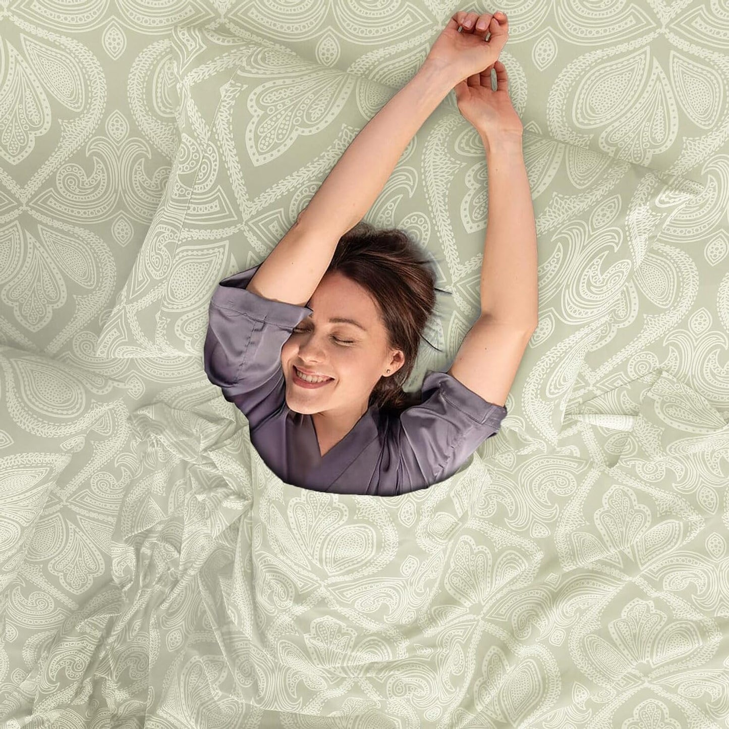 Ultra Soft Wrinkle-Free Microfiber Paisley Twin XL Sheet Set, Cute Floral Pattern Boho Print – 16" Deep Pocket Fitted Sheet, Flat Sheet & 2 Pillowcases, Breathable, OEKO-TEX - Ivory