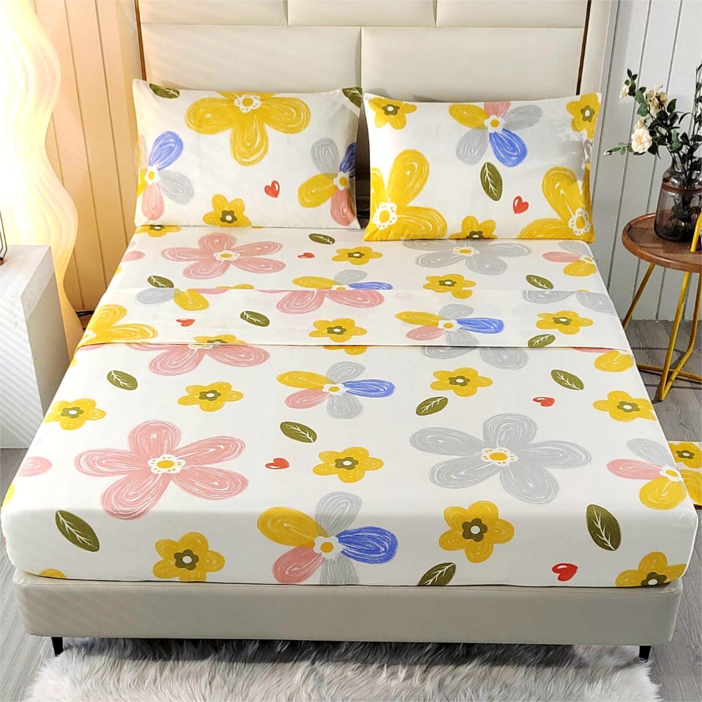 SDIII 4 Pieces Yellow Floral Sheets Set Full, Soft Microfiber Floral Bed Sheets Full Size Deep Pocket, Cute Flower Bedding Sheet for All Season