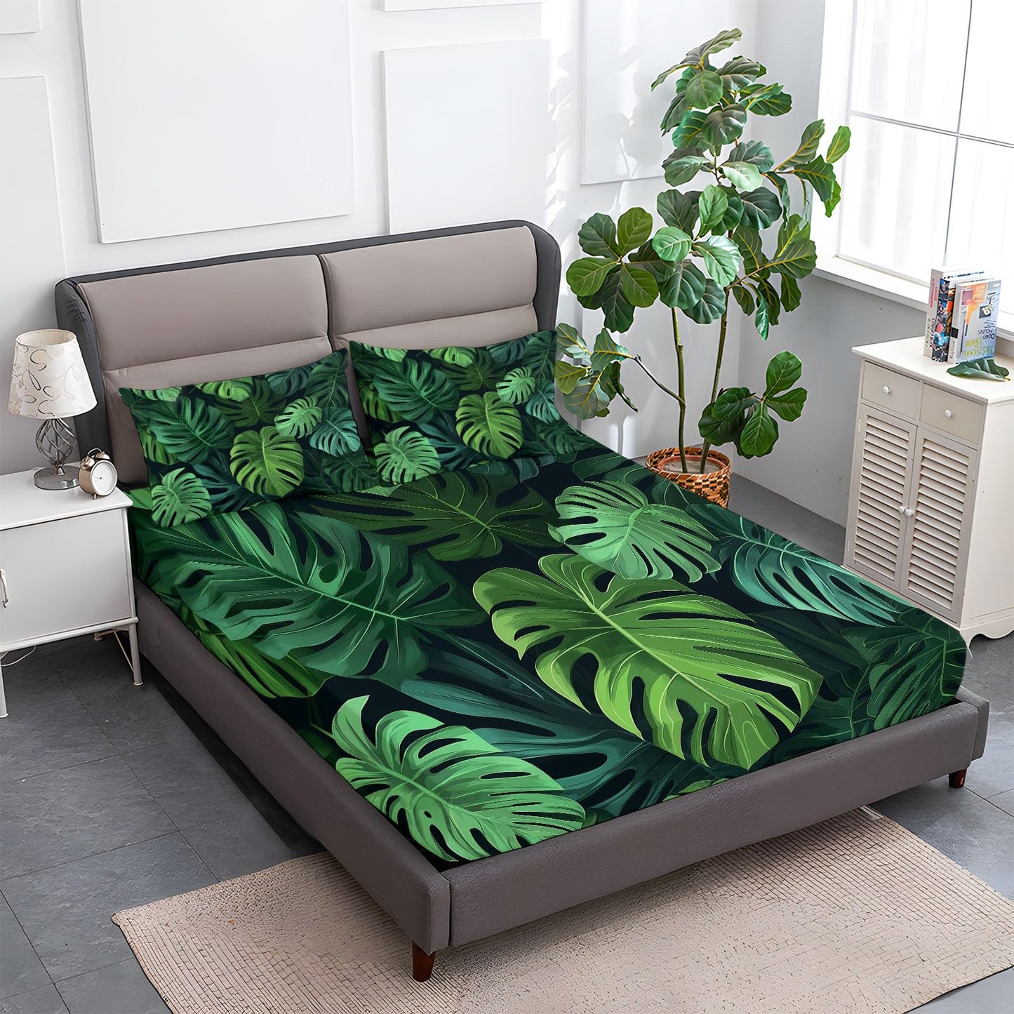 Plant Palm Leaves Sheets King Ultra Soft Bed Sheets, Plant Tropical Monstera Printed Sheet Set, Microfiber 16" Deep Pocket Sheets 4 Piece, Elegant Comfort Luxury Soft Bed Sheet