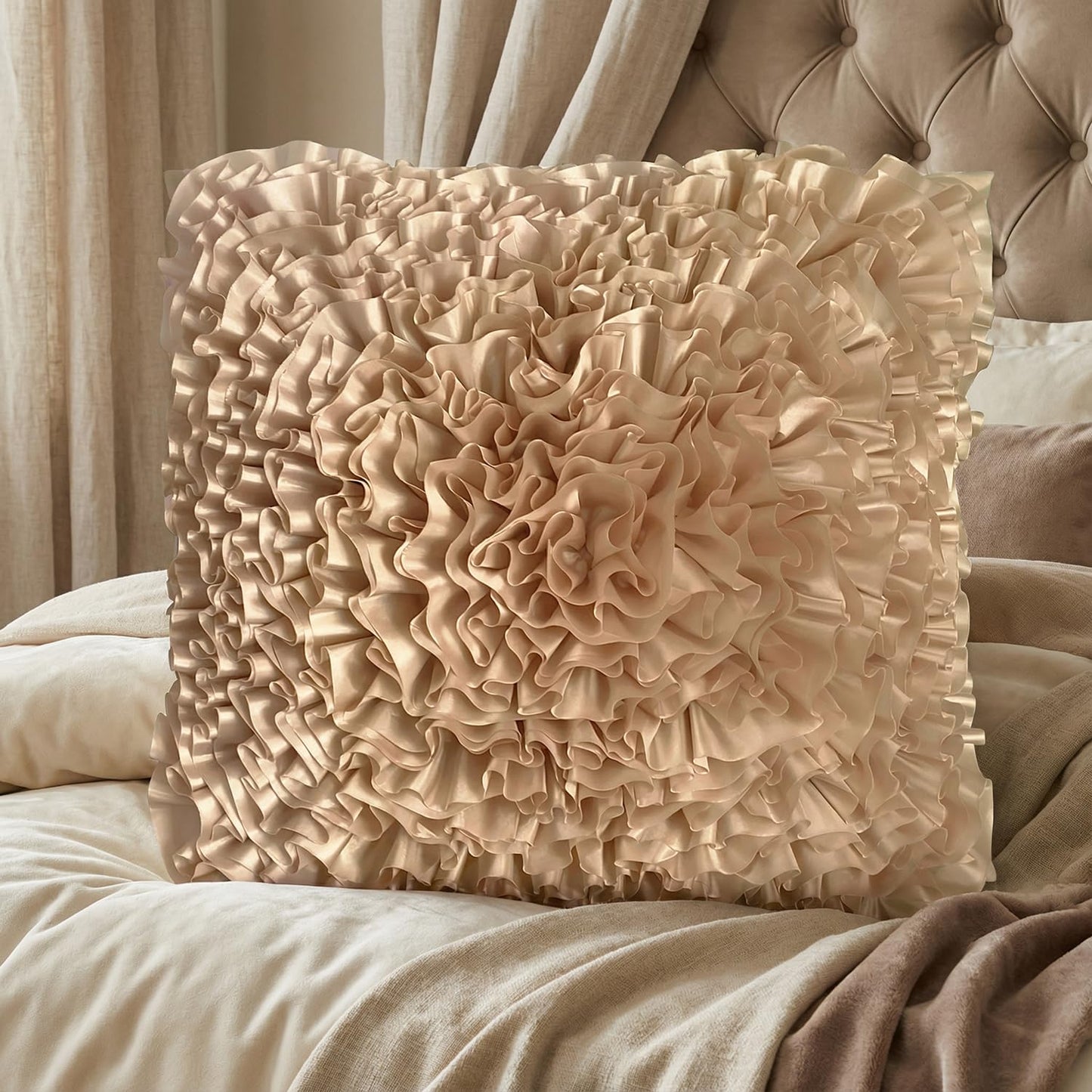 Bella's Giftshop Beige Taupe Ruffle Decorative Throw Pillow Covers 18x18 Inch for Bed Sofa Couch, Handmade 3D Faux Silk Accent Pillow case, Boho Living Room Decor