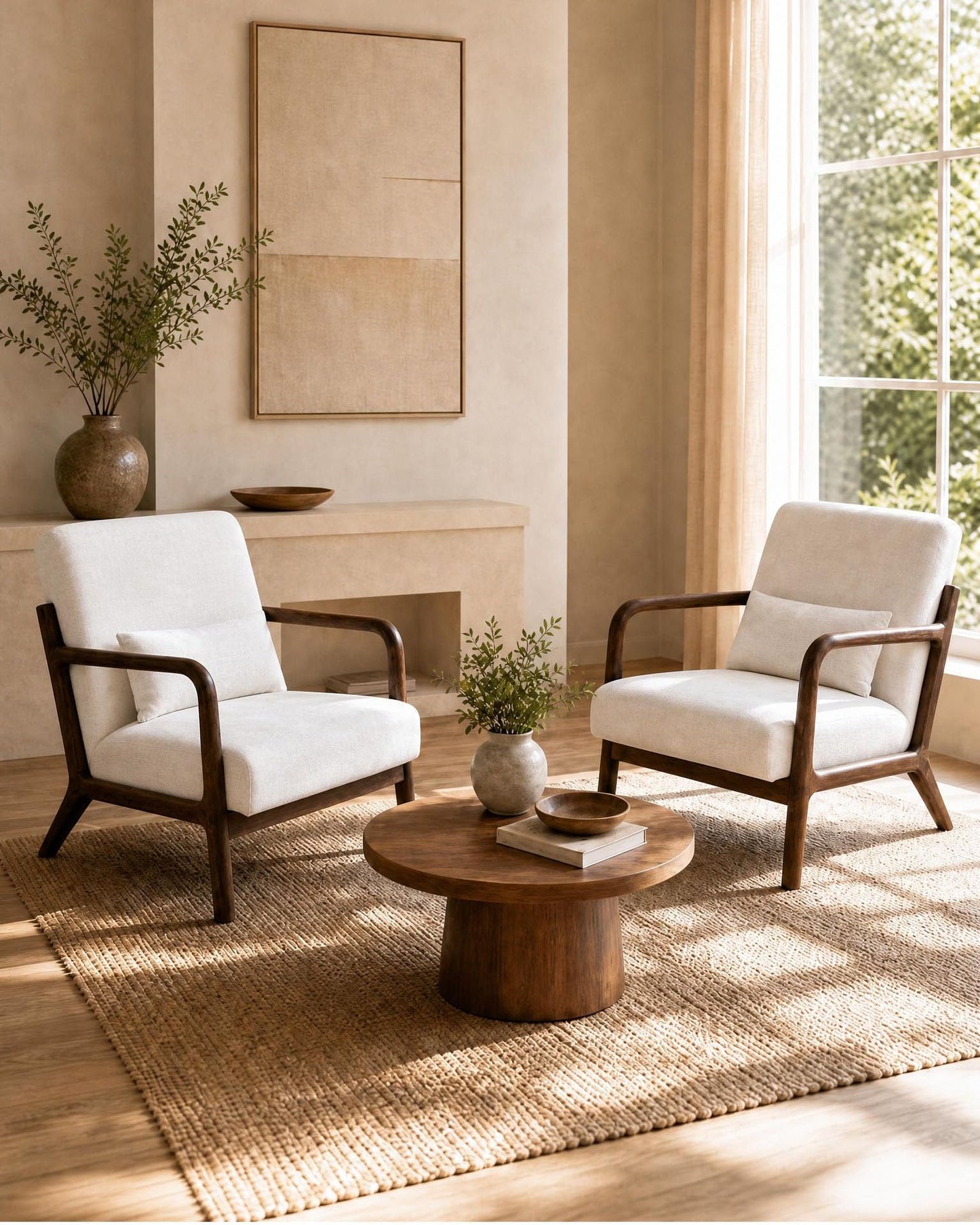 Garvee Mid-Century Chenille Accent Chair, Cozy Reading Chair, Modern Lounge Armchair with Lumbar Pillow, Solid Wood Frame, for Living Room, Bedroom, Office, Beige