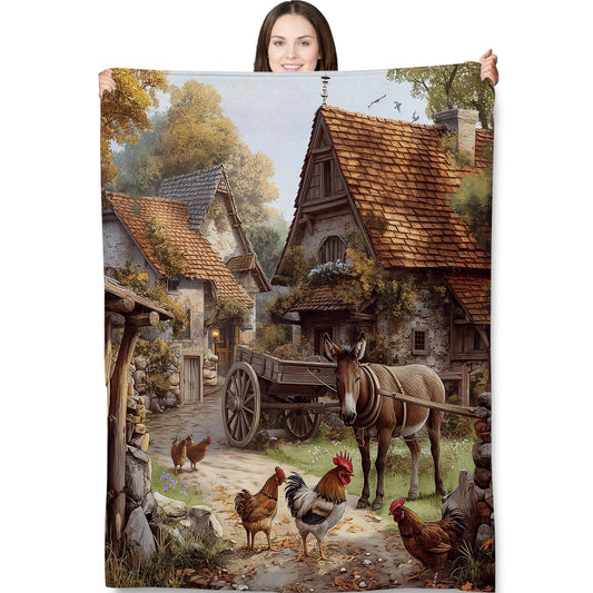 Turamurra Donkey and Chicken Blanket Gifts for Women Rustic Farmhouse Animal Flannel Throw Blankets for Bedding Couch Soft Lightweight Warm Cozy Throws Decor 50x60in