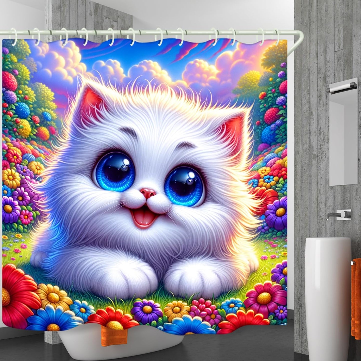 LYFANS Bathroom Using White Cat 3D Shower Curtains, Deluxe Bathtub Standard Shower Curtain, Waterproof and Bright Fabric Shower Curtain Size (72x72 Inches)