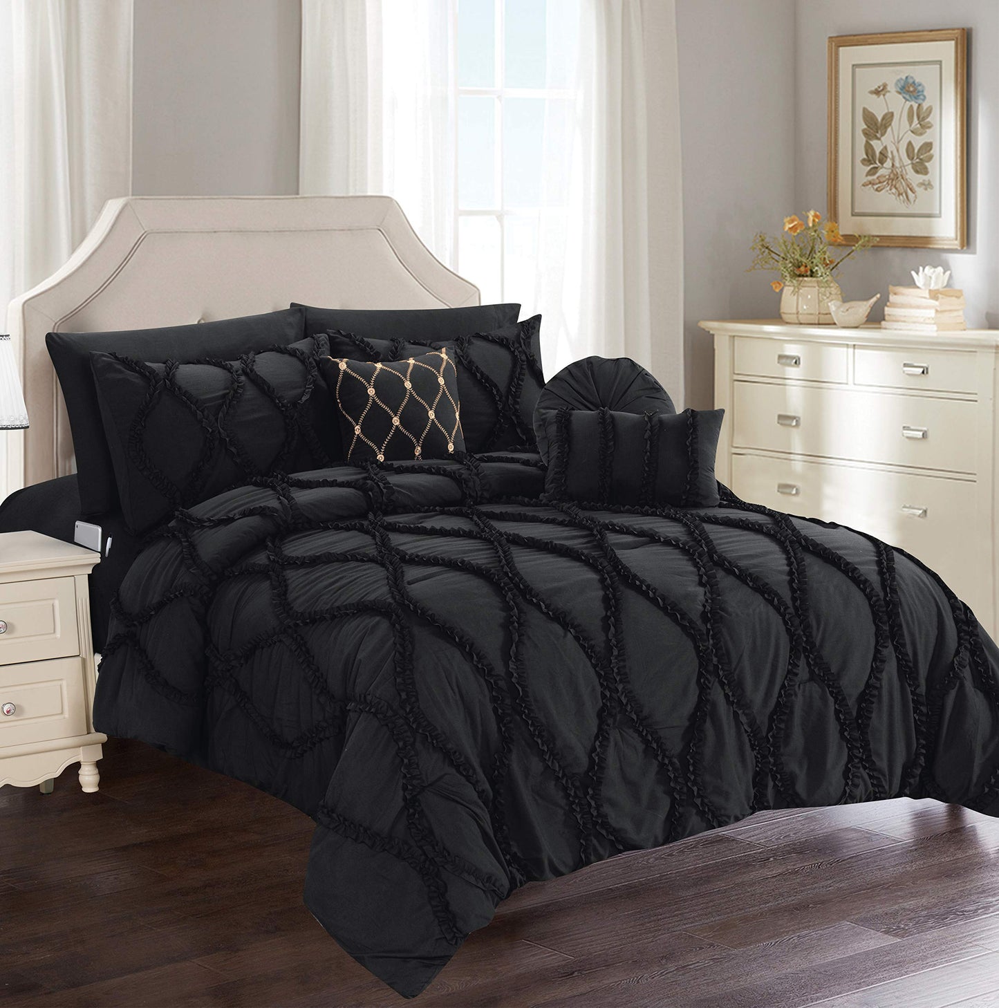 Elegant Comfort Luxury Best, Softest, Coziest 10-Piece Bed-in-a-Bag Infinity Design Comforter Set, Includes Bed Sheet Set with Double Sided Storage Pockets and Decorative Pillows, Full/Queen, Black