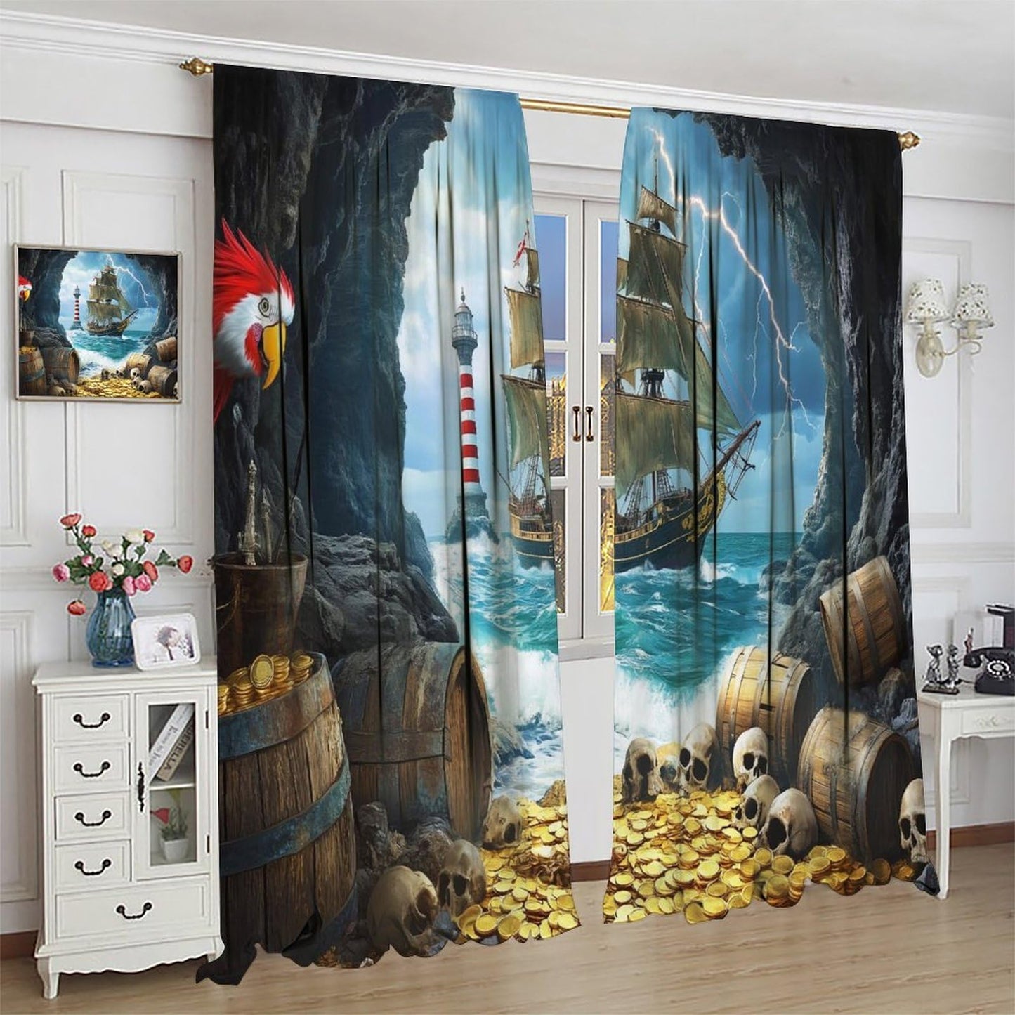 wlsgdsg Pirate Ship Curtains for Boys Retro Medieval Nautical Era Pirate Ship Treasure Gold Coin Pattern Window Treatments for Kids Teen Bedroom Living Room 42x44.5In（No Blackout）