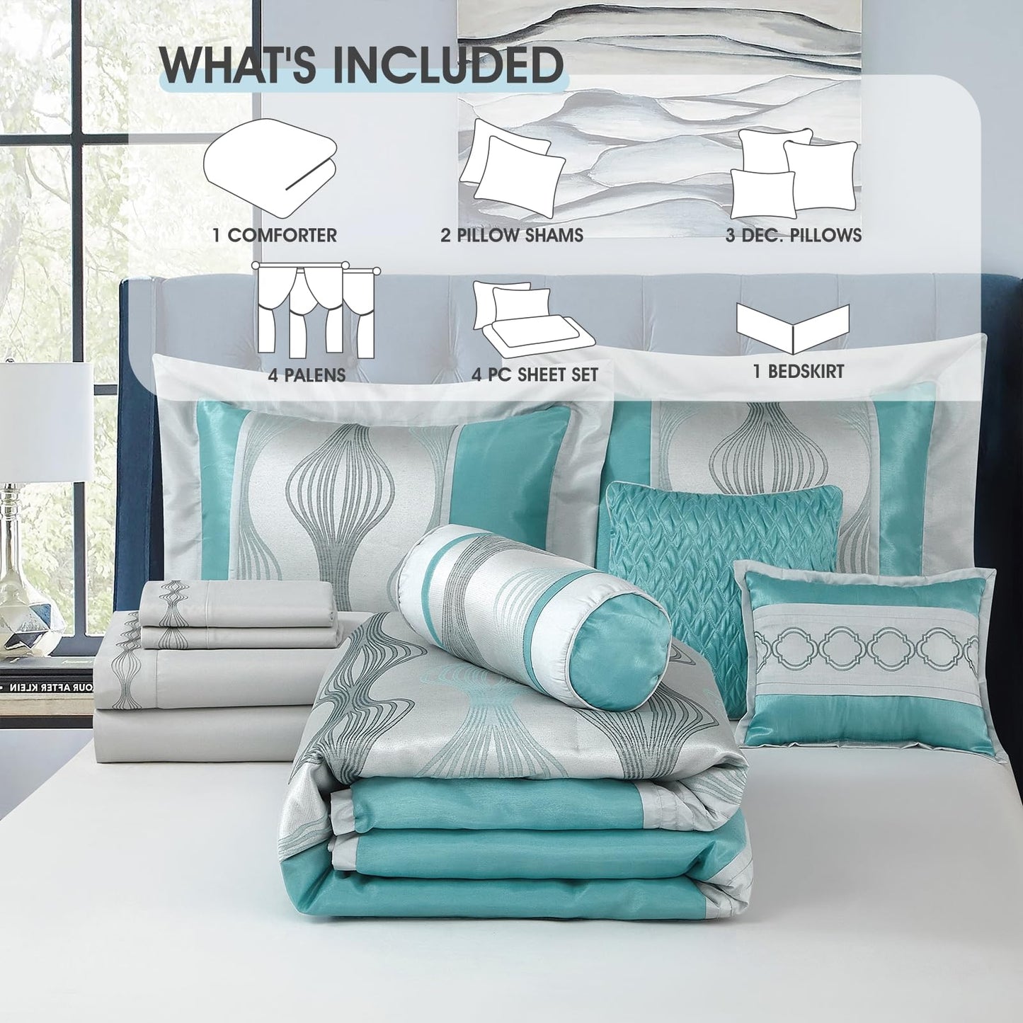 LANCO MODERN LIFESTYLE Queen Comforter Set, Blue, 15 Pieces Room in a Bag, Ultra Soft Jacquard with Patchwork, Luxury Bed Set with Sheets, Curtains, Bed Skirt, Pillow Shams, Cases and Pillows