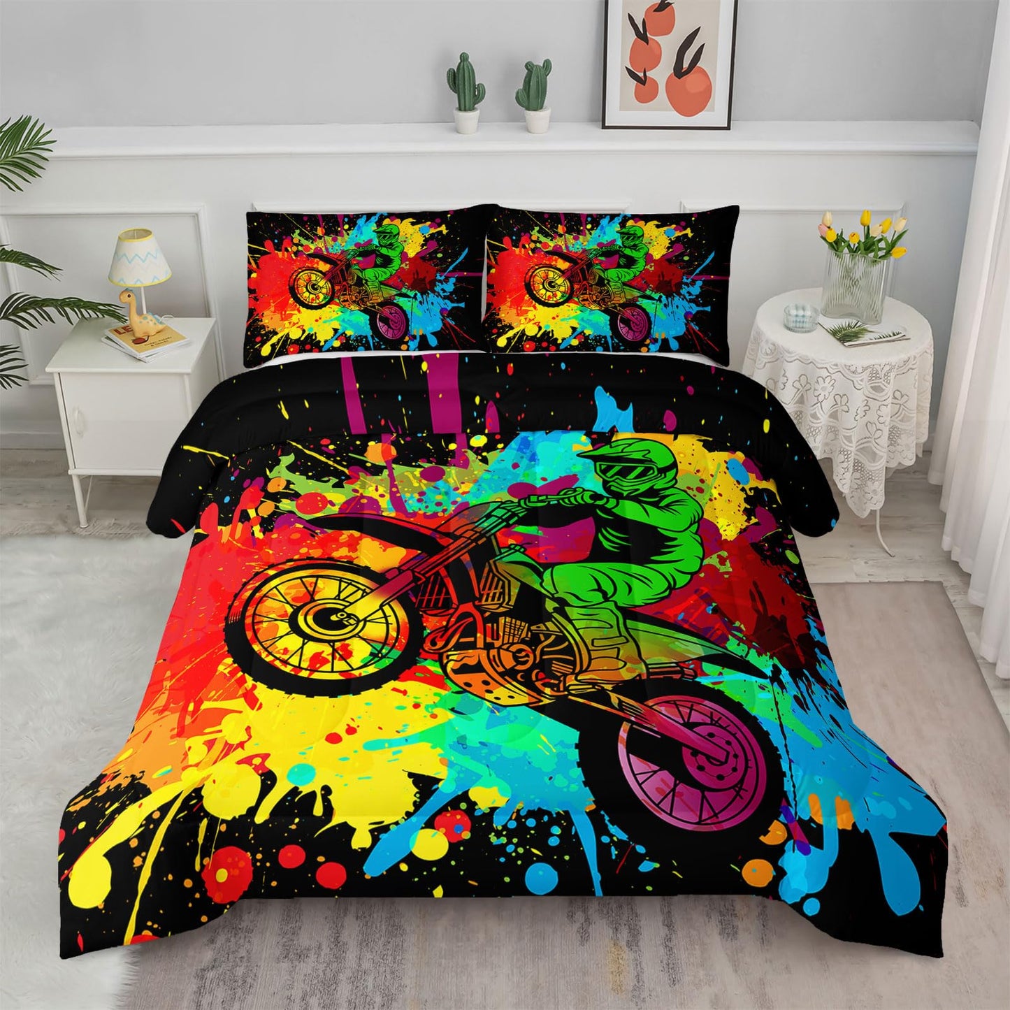 Axolotl Motocross Bedding Set Twin,Dirt Bike Comforter Set,Extreme Sports Bedding,Motorcycle Racer Comforter Set Motocross Comforter Motor Vehicles Biker for Boys Kids Teens Men,1 Quilt 2 Pillowcases